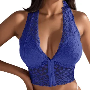 askedwayu Women Lace Bras Front Closure Backless Sexy Push Up Lingerie Bralette Halter Neck Backless Tank Brassiere