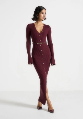 Polished Feel Trendy pick Assia - Long Sleeve Knitted Midaxi Dress With Belt - Wine Red