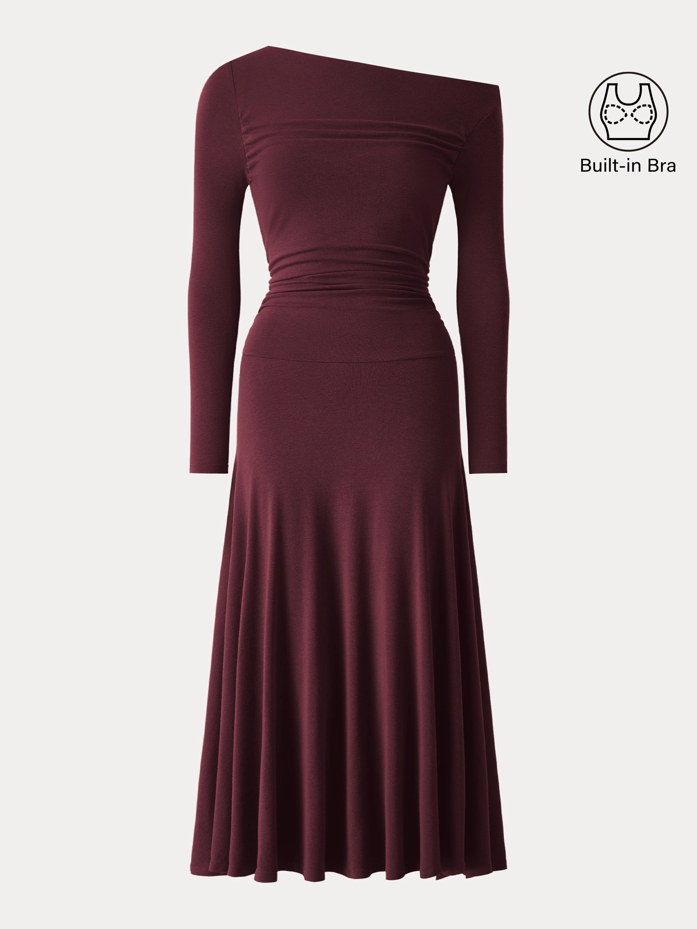 Asymmetrical Shoulder Side Ruched Ankled Maxi Dress AbrasionResistantFabric