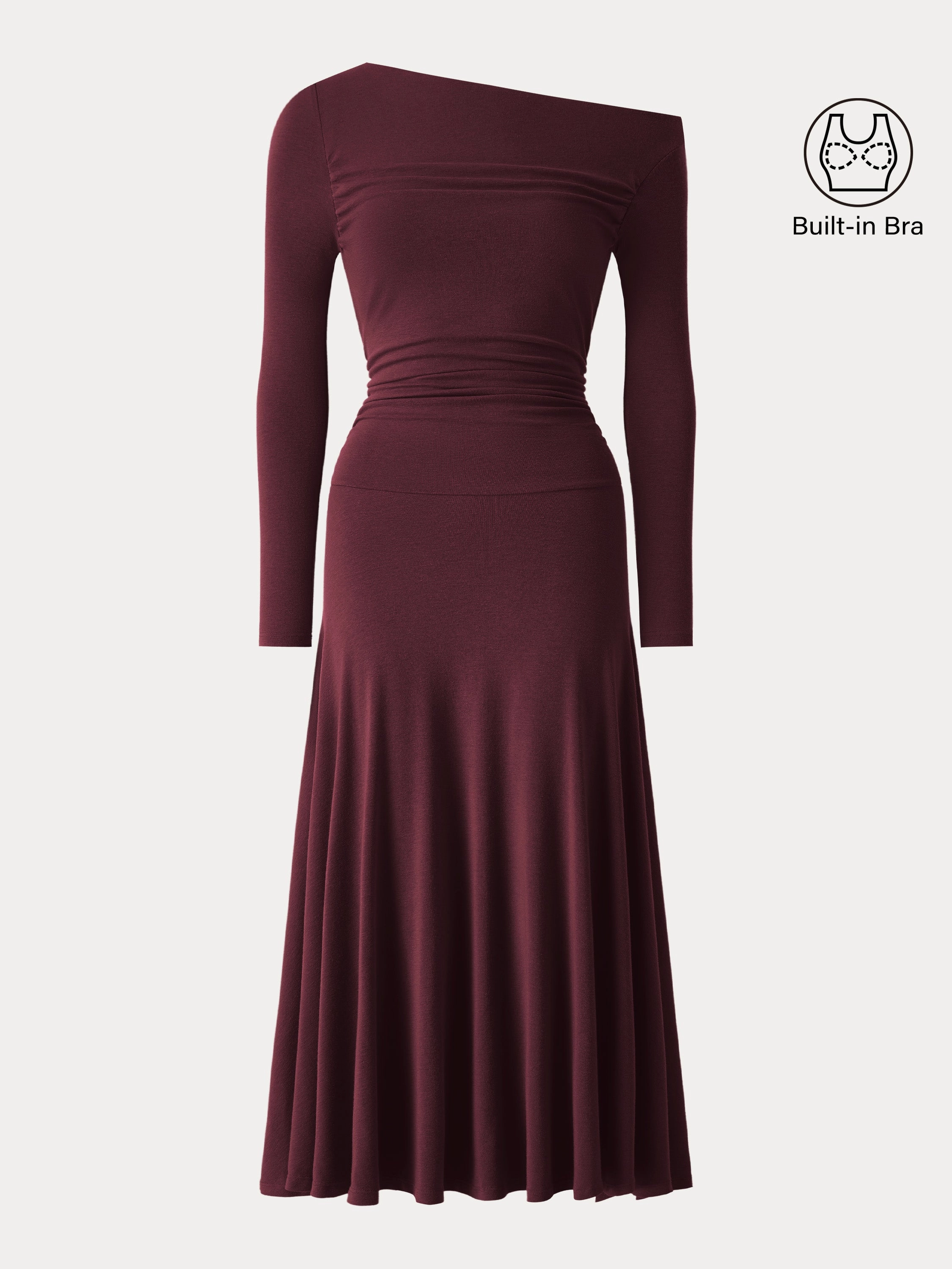 Asymmetrical Shoulder Side Ruched Ankled Maxi Dress Light material