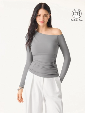 Asymmetrical Shoulders Long Sleeve Gathered Brami Top Sporty Hoodie
