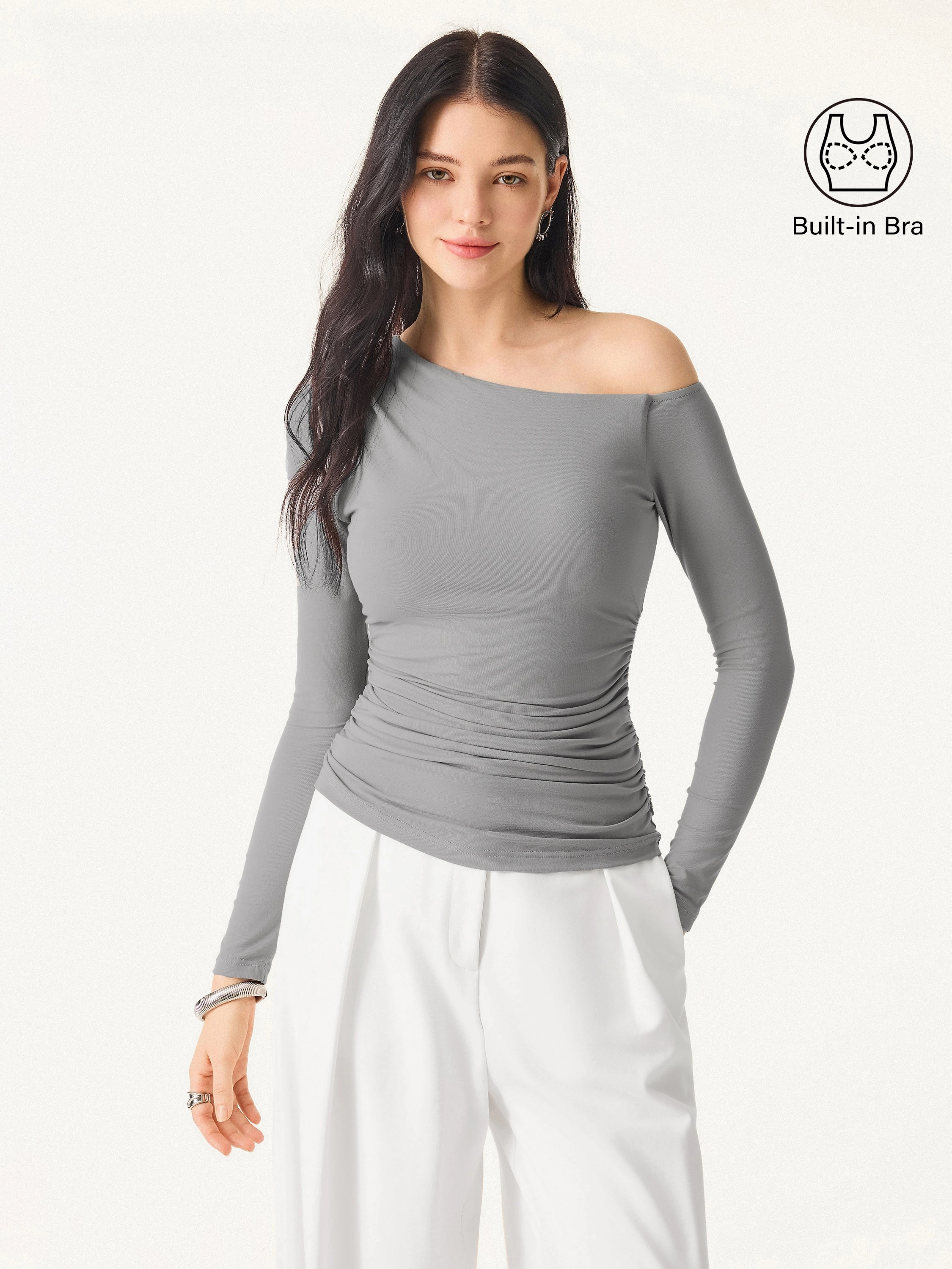 Asymmetrical Shoulders Long Sleeve Gathered Brami Top Everyday Look NoSlipGripperBand