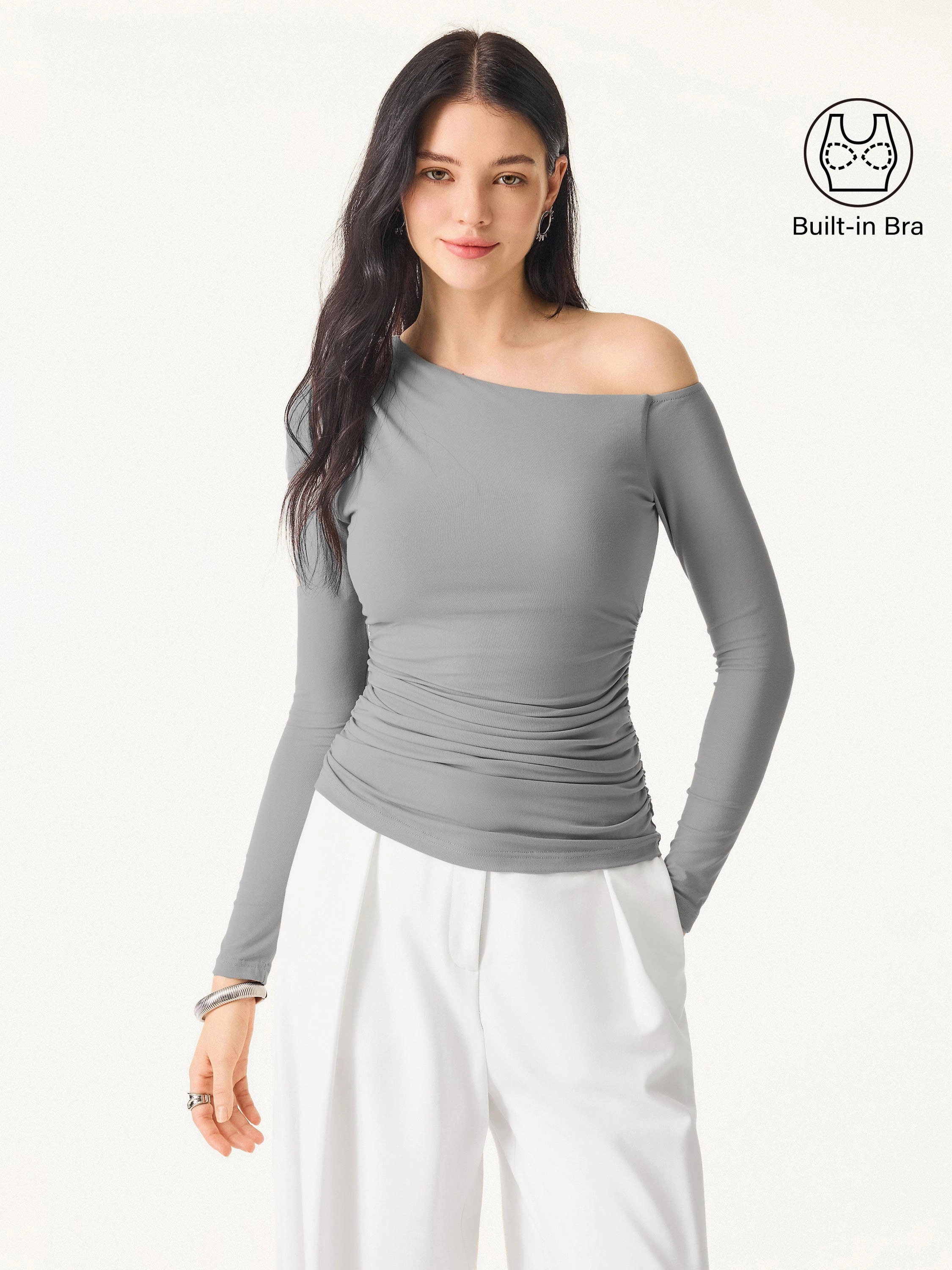 Wrinkle Resistant Textile Asymmetrical Shoulders Long Sleeve Gathered Brami Top