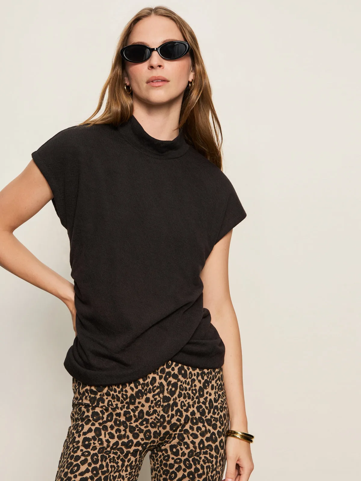 Soft and Cozy Draped Sleeveless Mock Neck Top Black