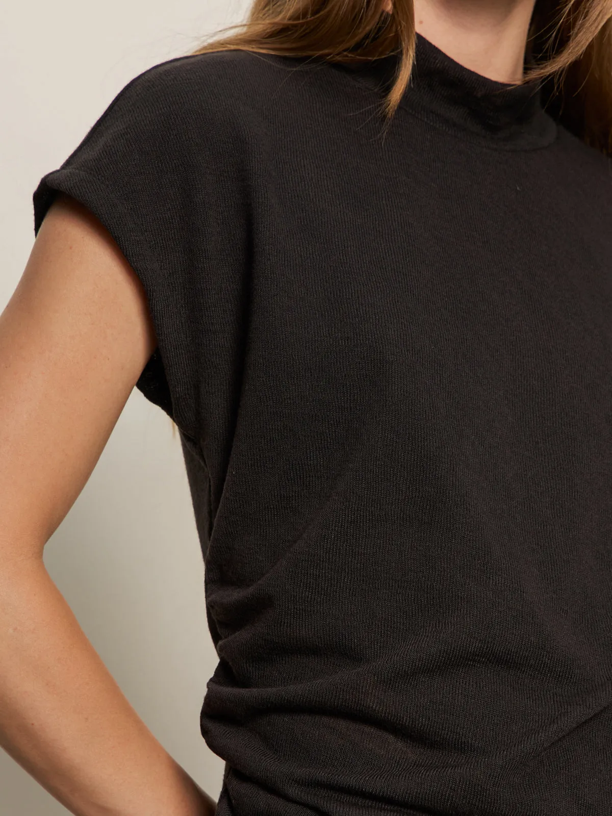 Draped Sleeveless Mock Neck Top Black Cozy Vibe Stretchable Armholes