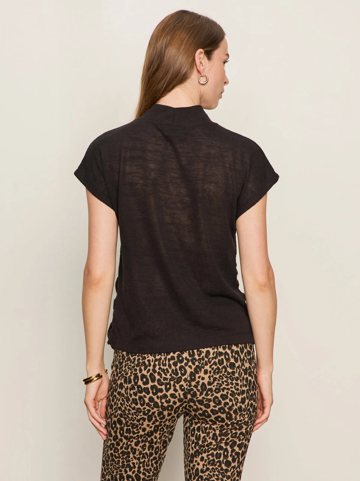 Draped Sleeveless Mock Neck Top Black Slim Style