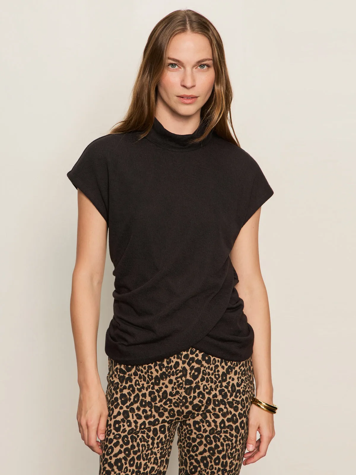 Draped Sleeveless Mock Neck Top Black Elegant Detail