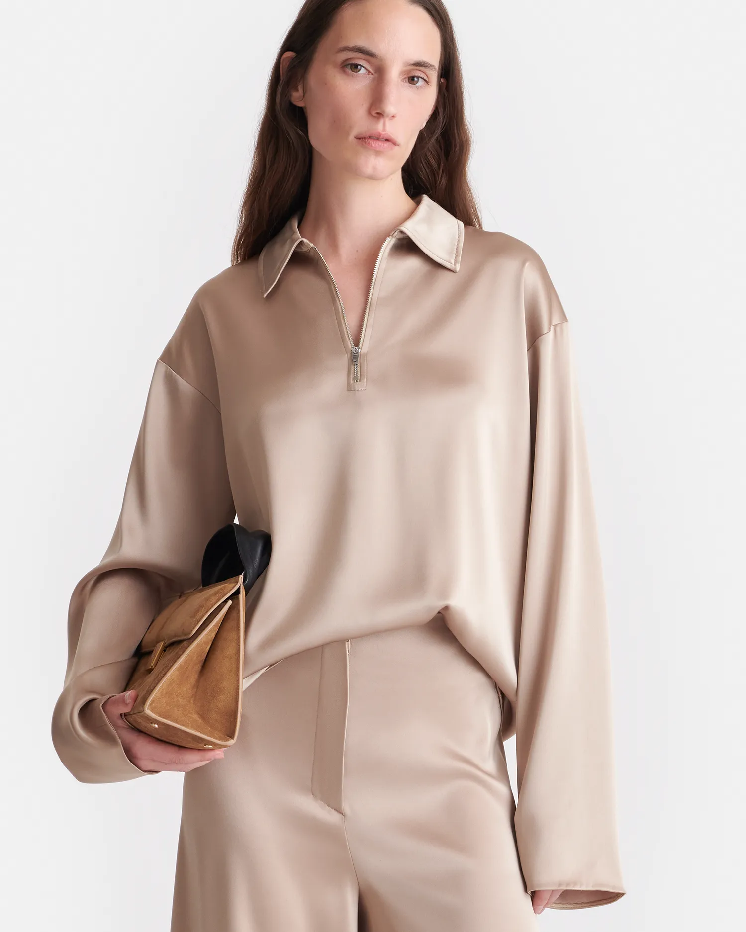 Mencia - Slip Satin Polo-Neck Top - Dune Coastal Style