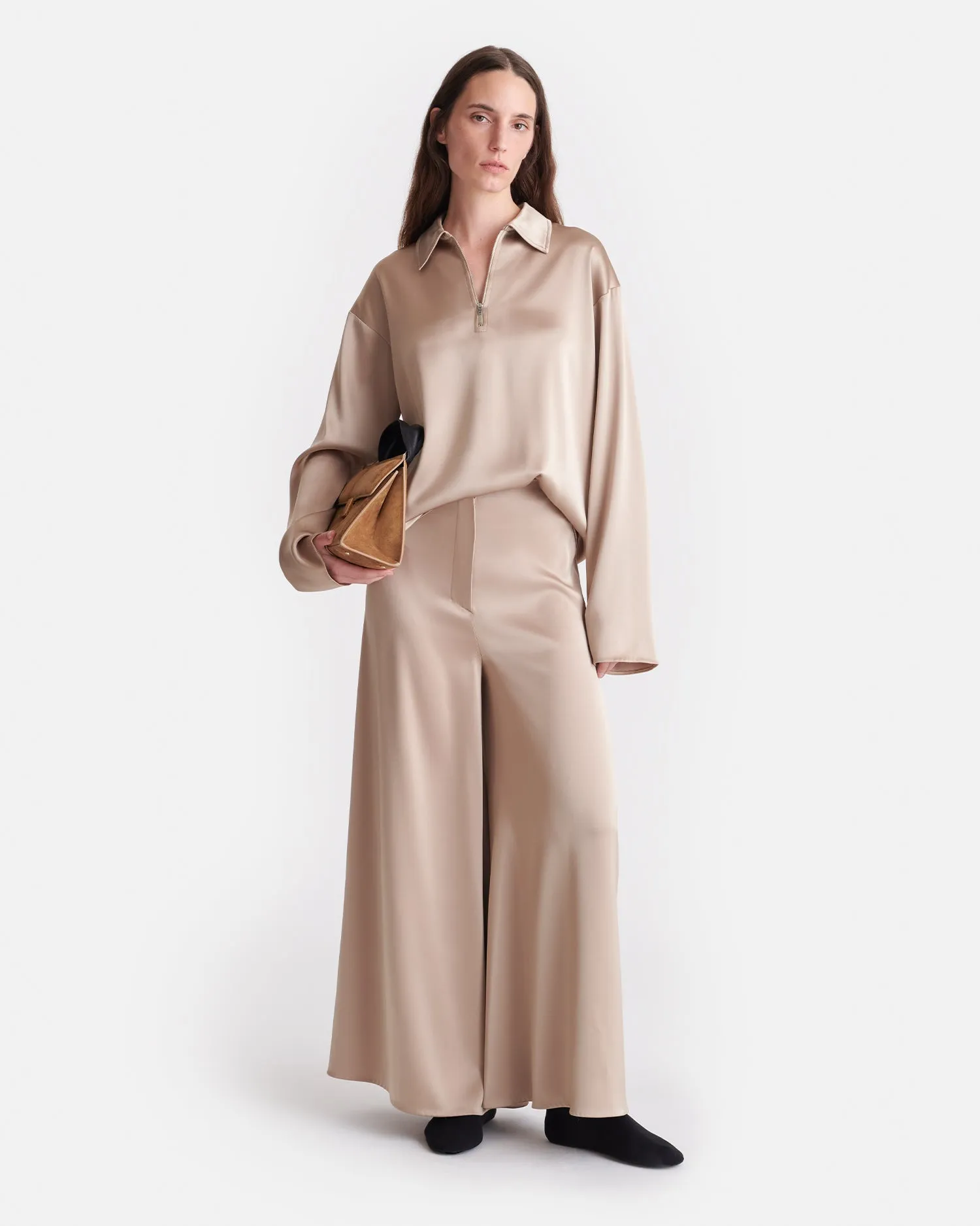 Mencia - Slip Satin Polo-Neck Top - Dune baseball uniform