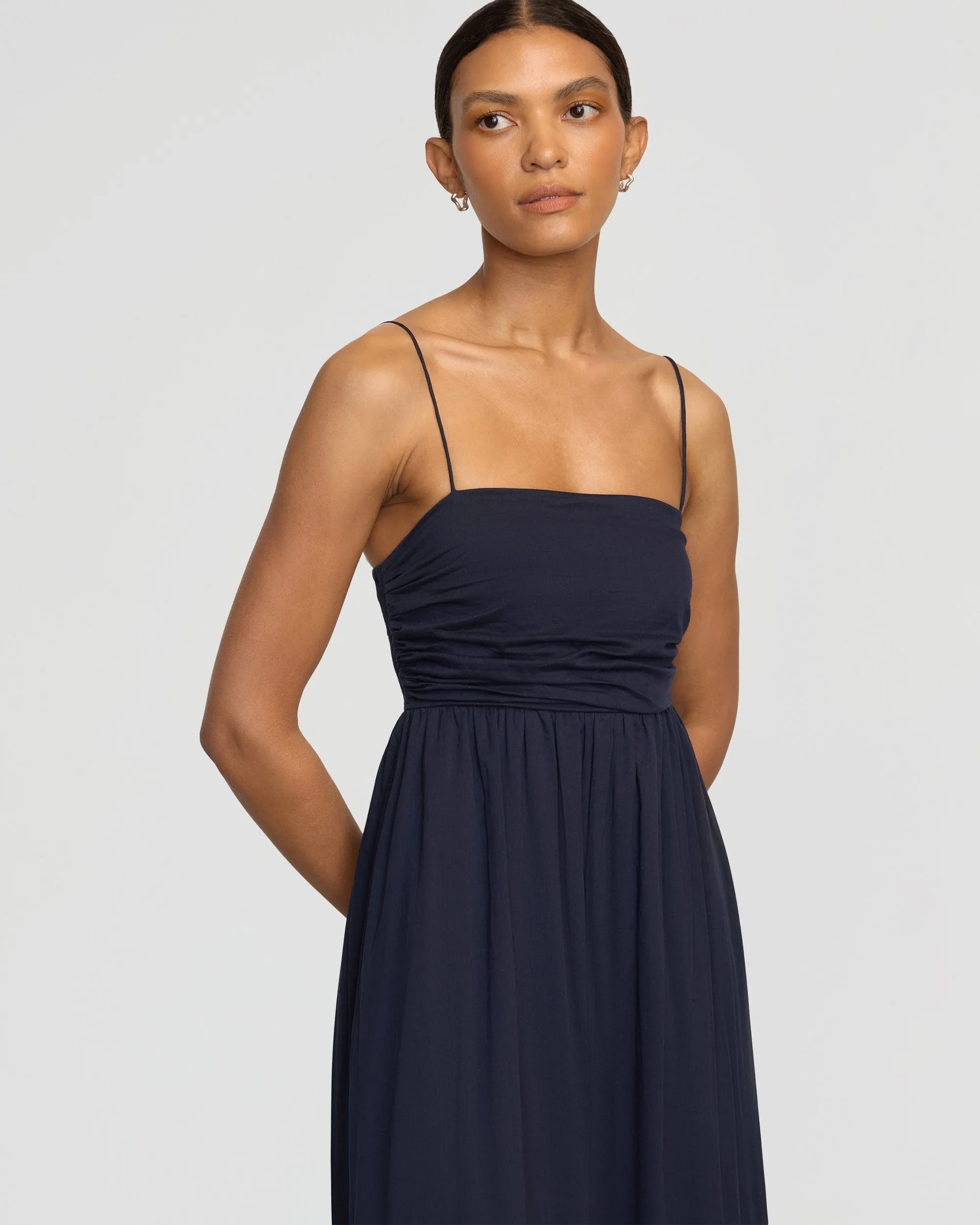Aurora Ruched Organic Cotton Maxi Dress Church Proper Dinner Outfit