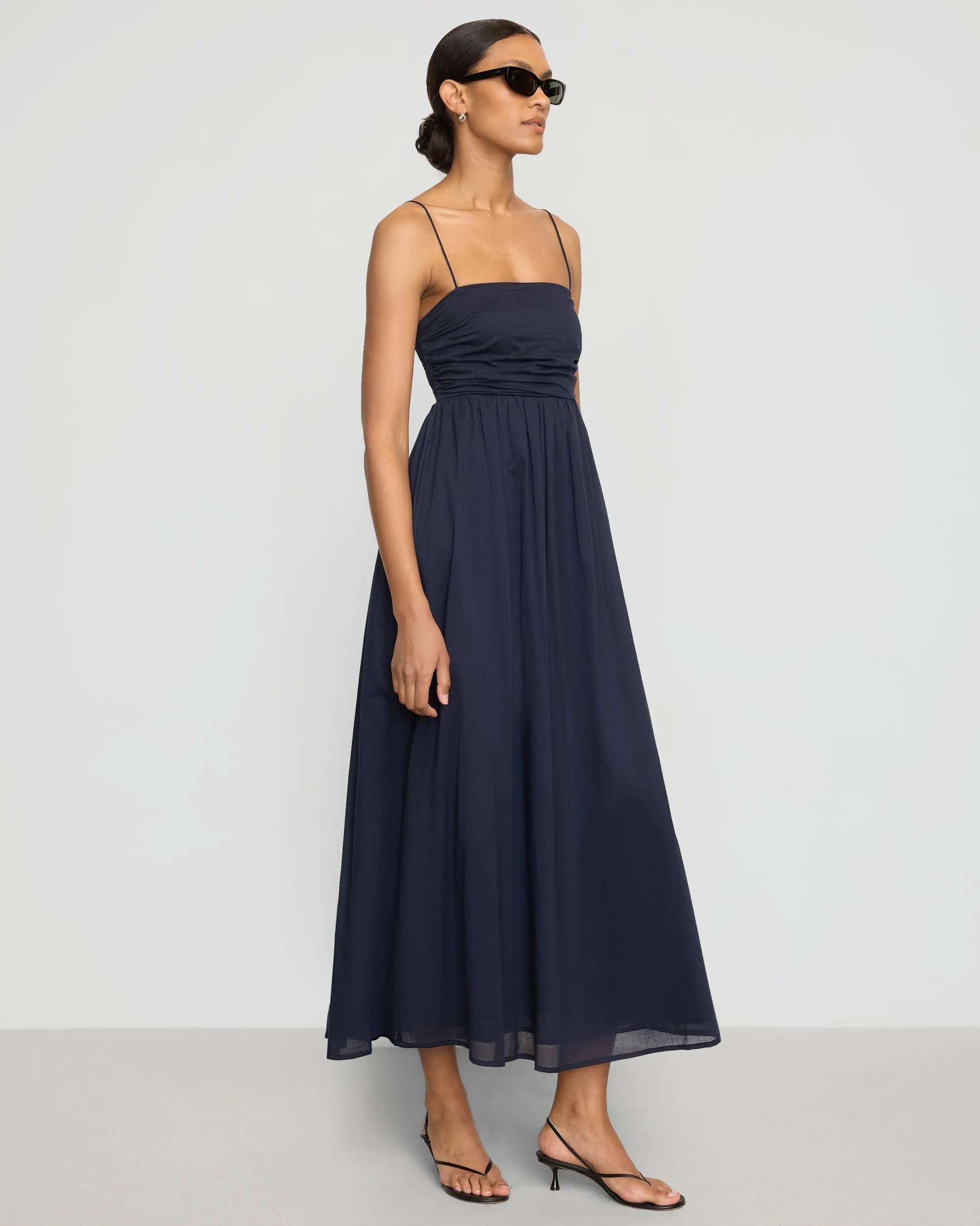 Smooth Design Flutter-Sleeve Aurora Ruched Organic Cotton Maxi Dress