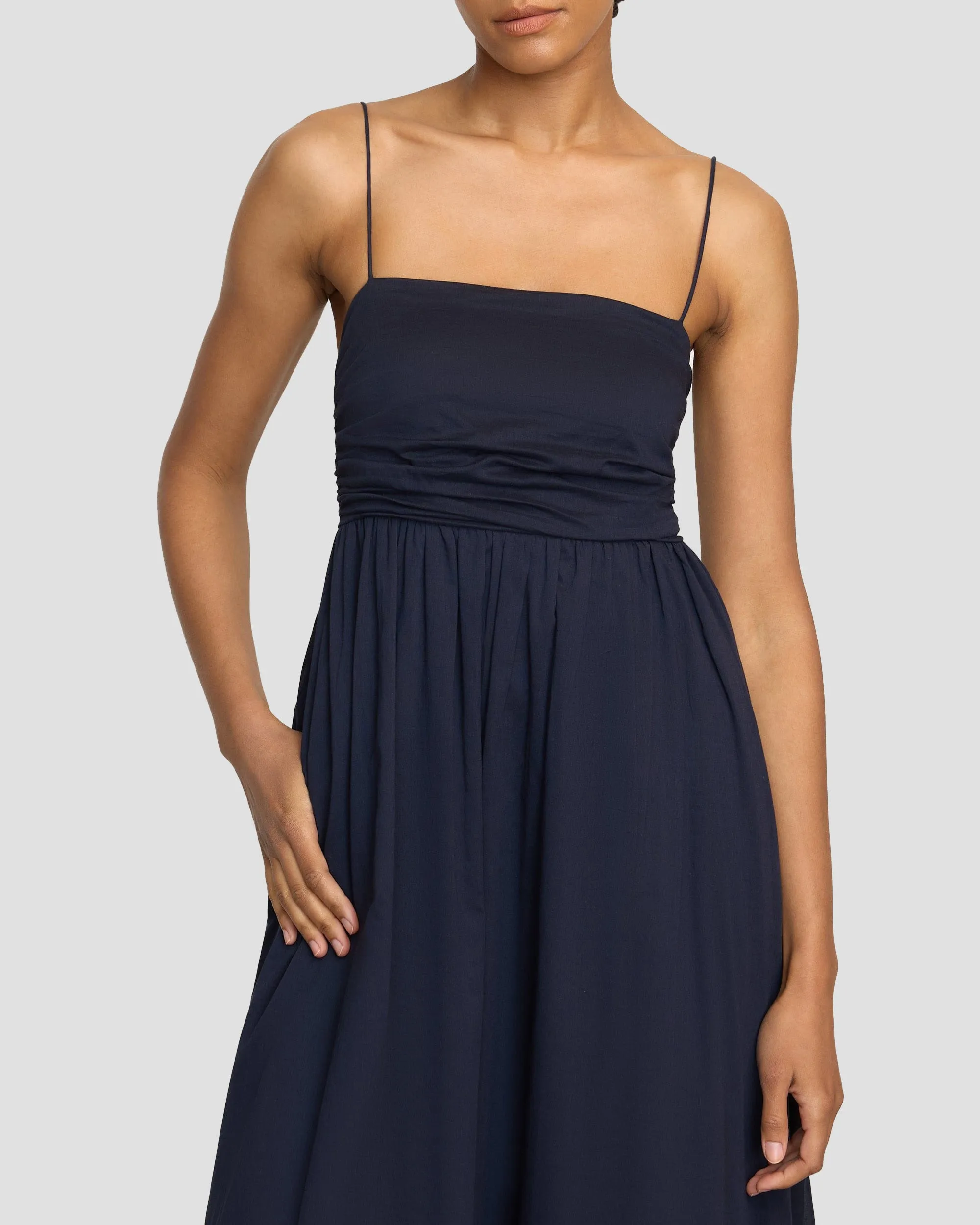 Versatile Cut Gloss Accent Aurora Ruched Organic Cotton Maxi Dress