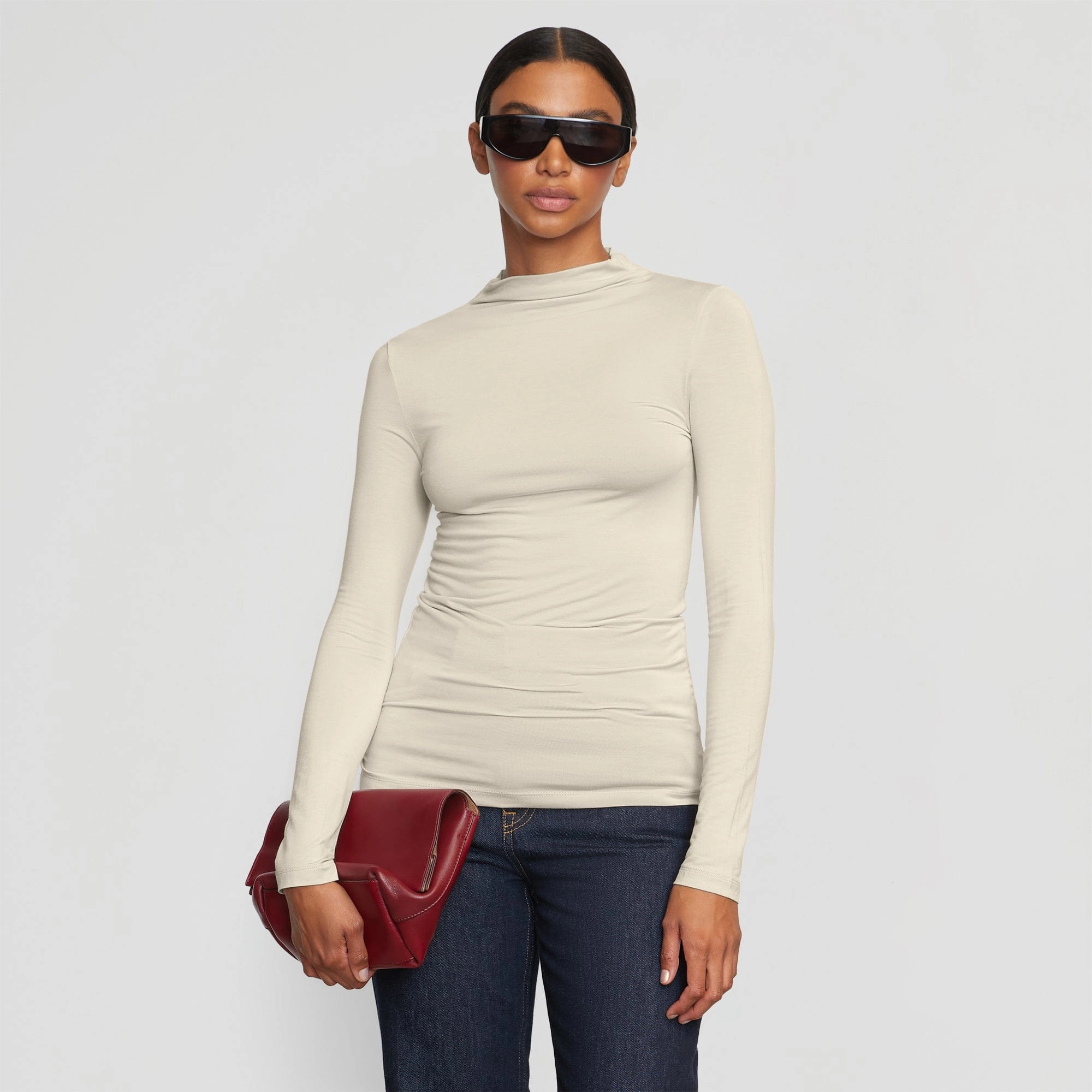 casual top Stretchable Knit Ava Mock-Neck Long-Sleeve Tee
