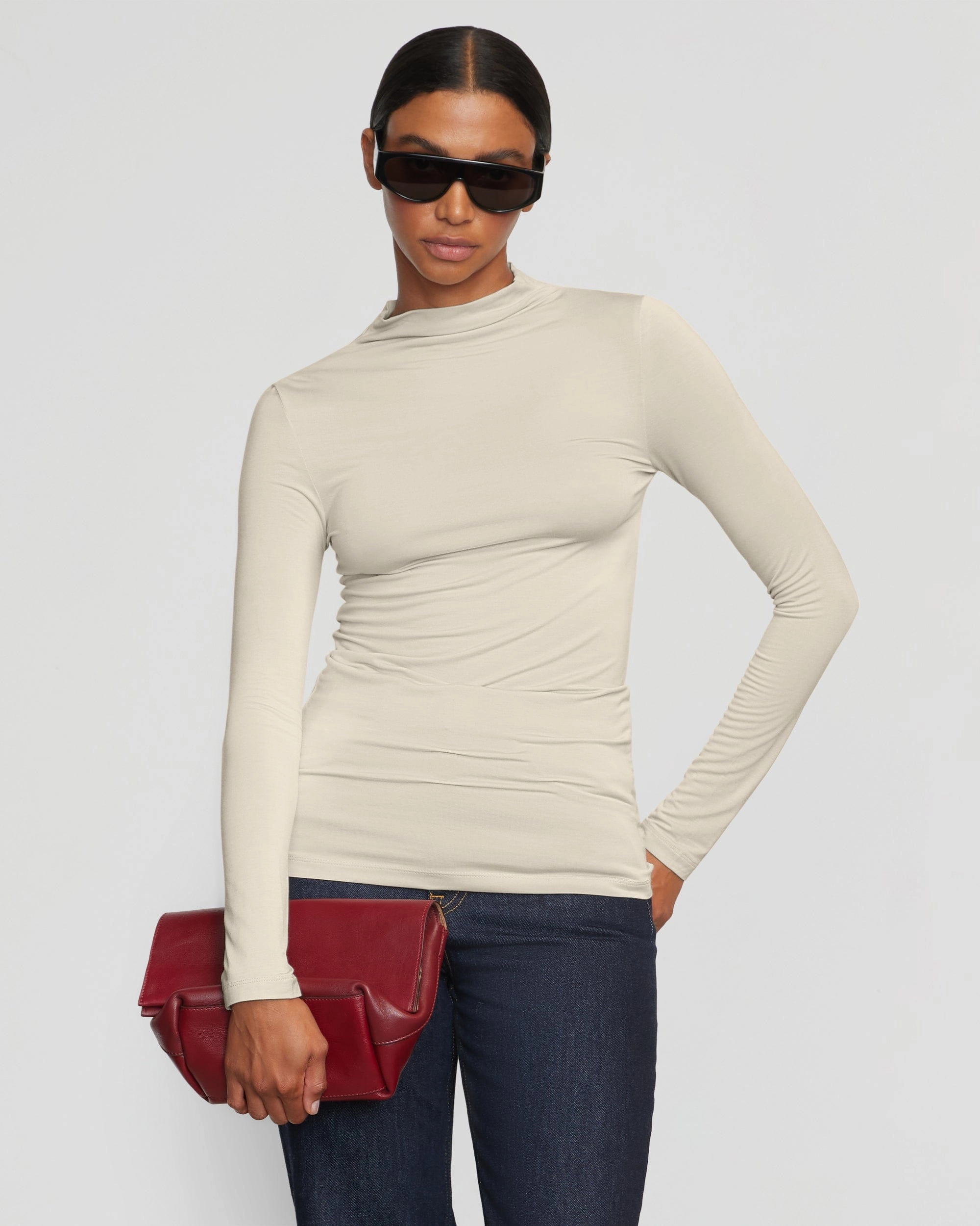 Ava Mock-Neck Long-Sleeve Tee SeamlessConstruction