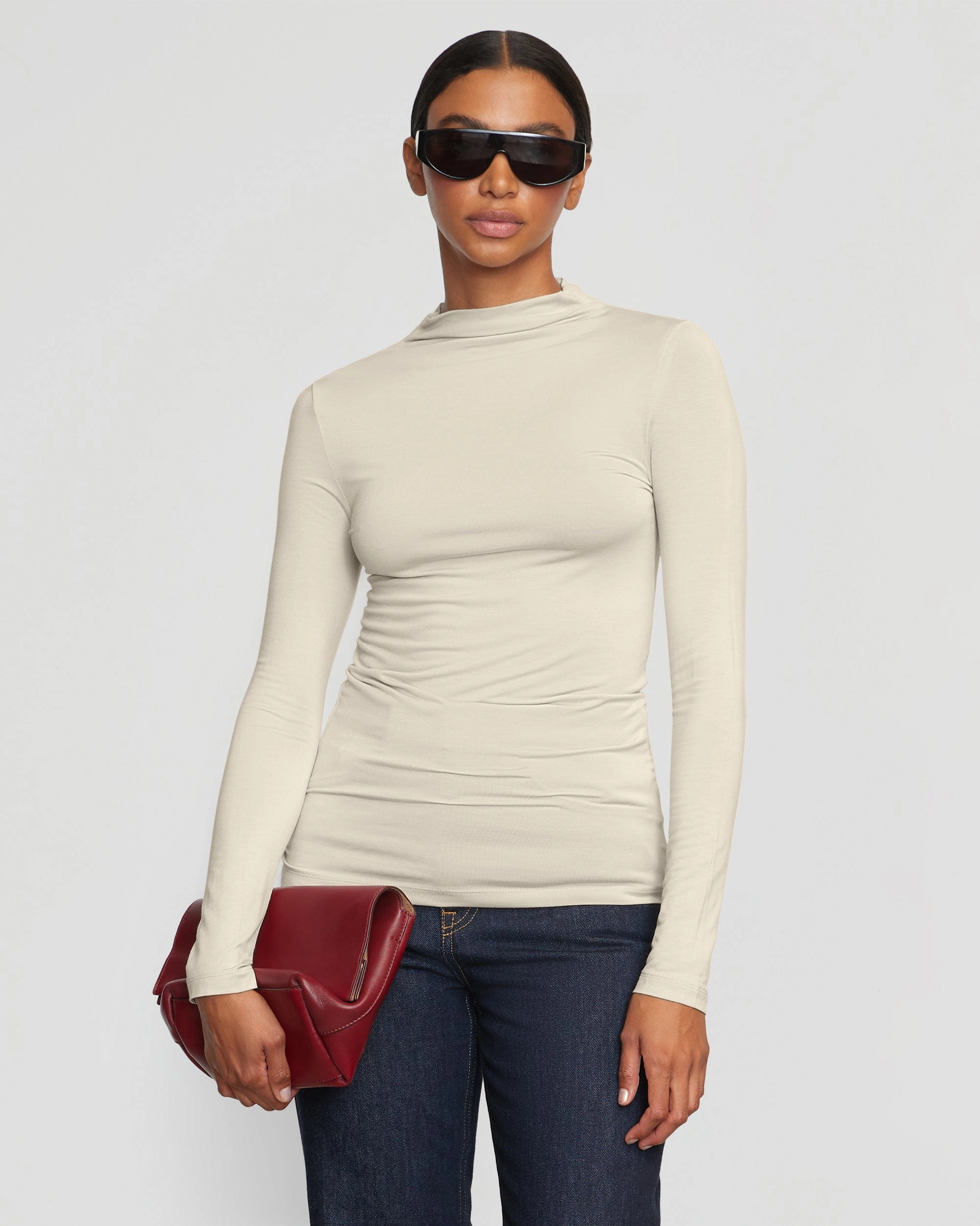Ava Mock-Neck Long-Sleeve Tee Simple Cut MicroPerforated Details