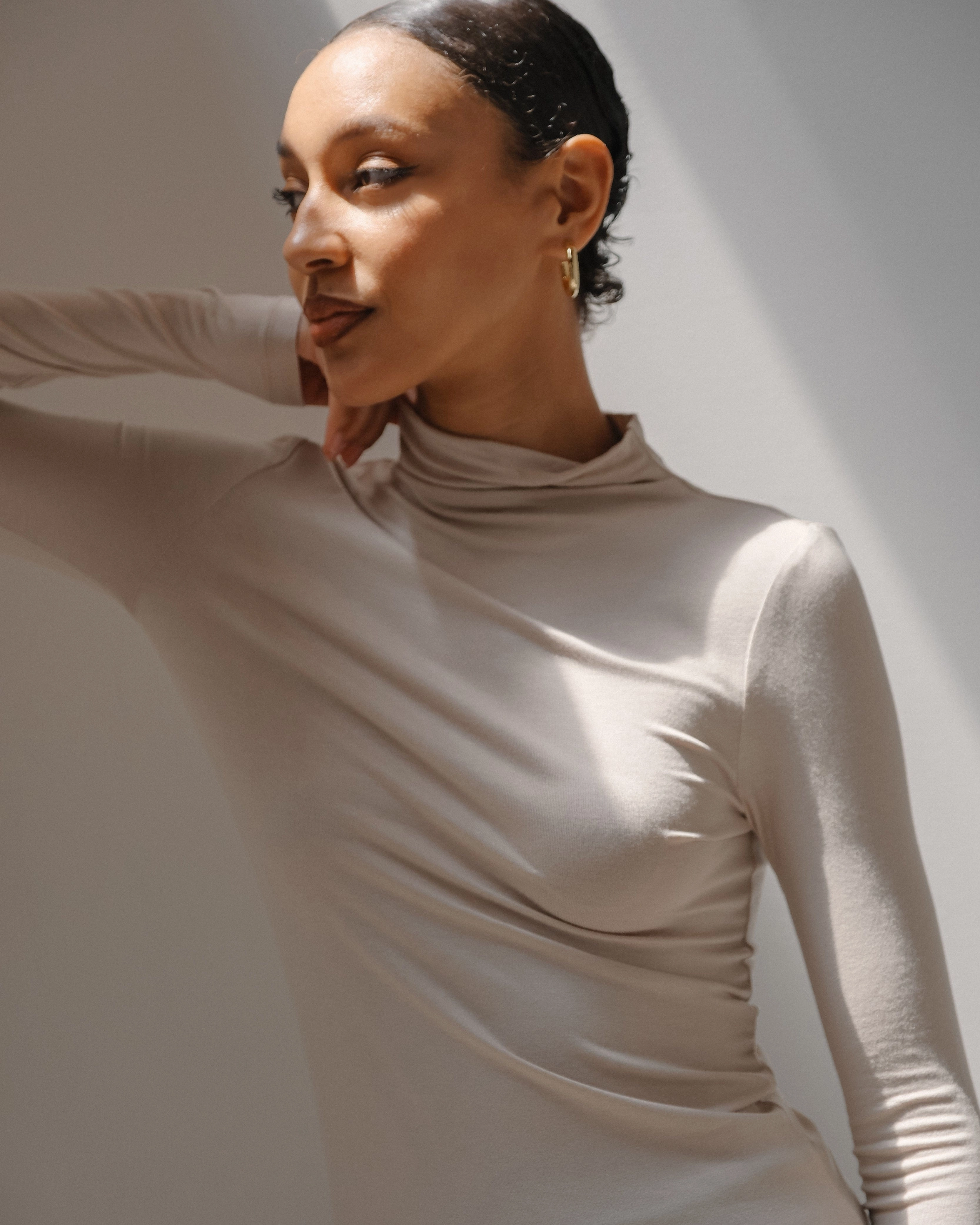Ribbed Trim Details StretchKnit Ava Mock-Neck Long-Sleeve Tee