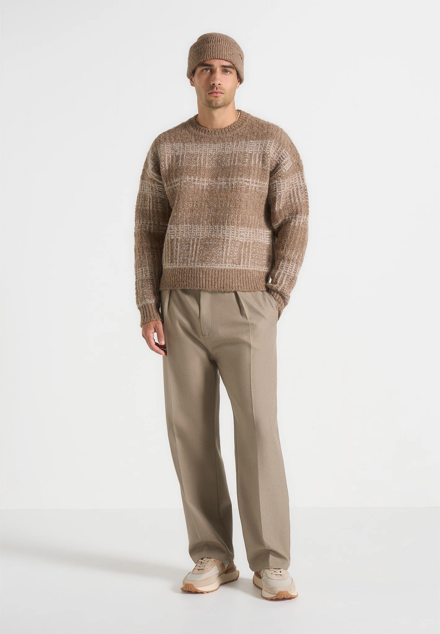 Recycled Polyester Blend Ayden - Check Wool Knit Jumper - Taupe/Beige