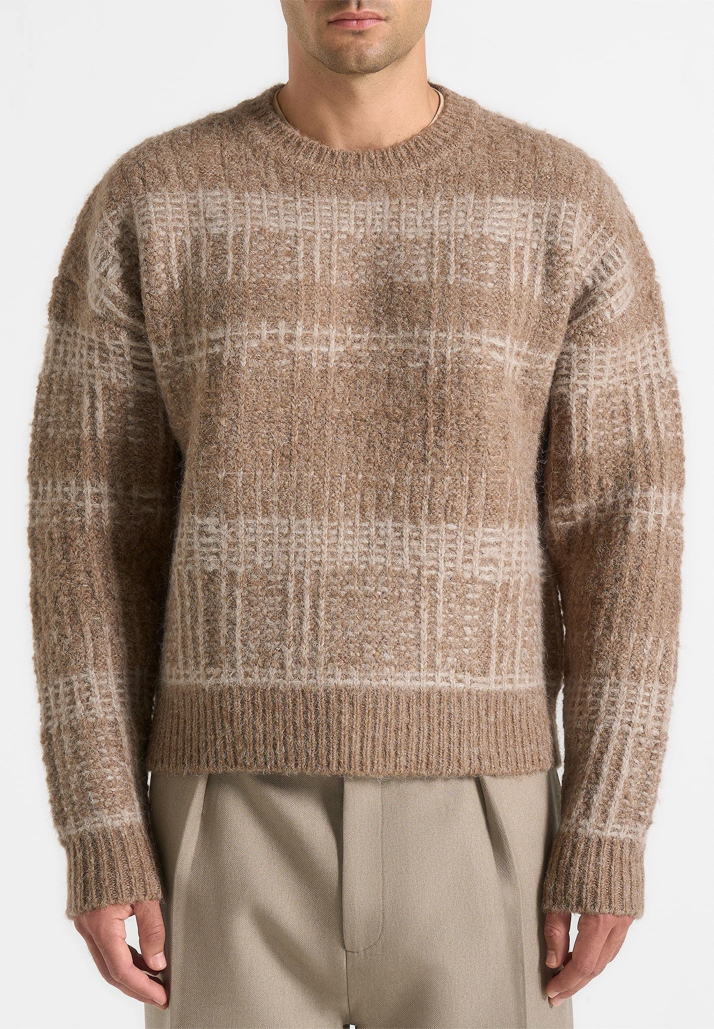 Ayden - Check Wool Knit Jumper - Taupe/Beige Day To Day Stylish Choice
