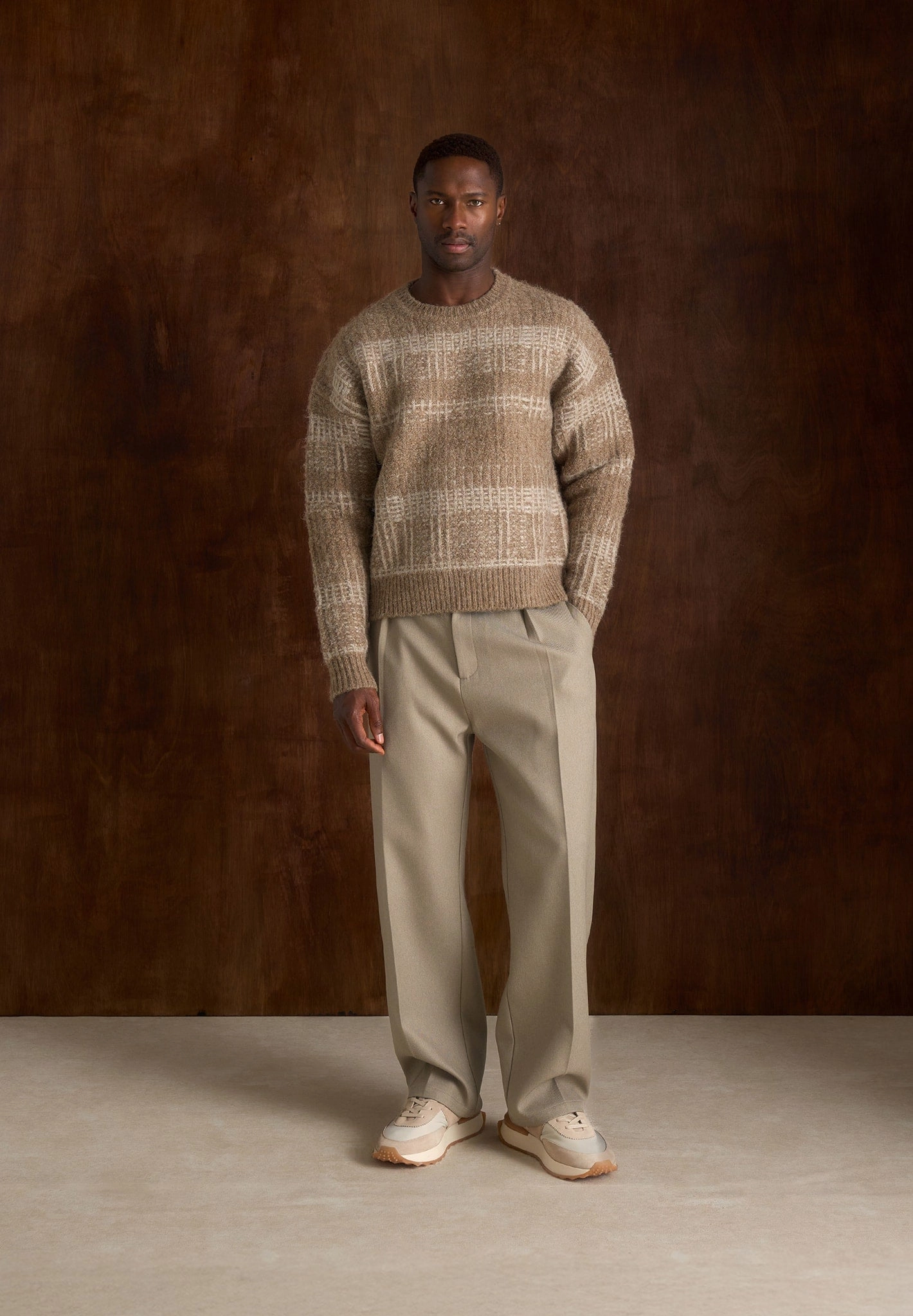 Neutral Style Ayden - Check Wool Knit Jumper - Taupe/Beige