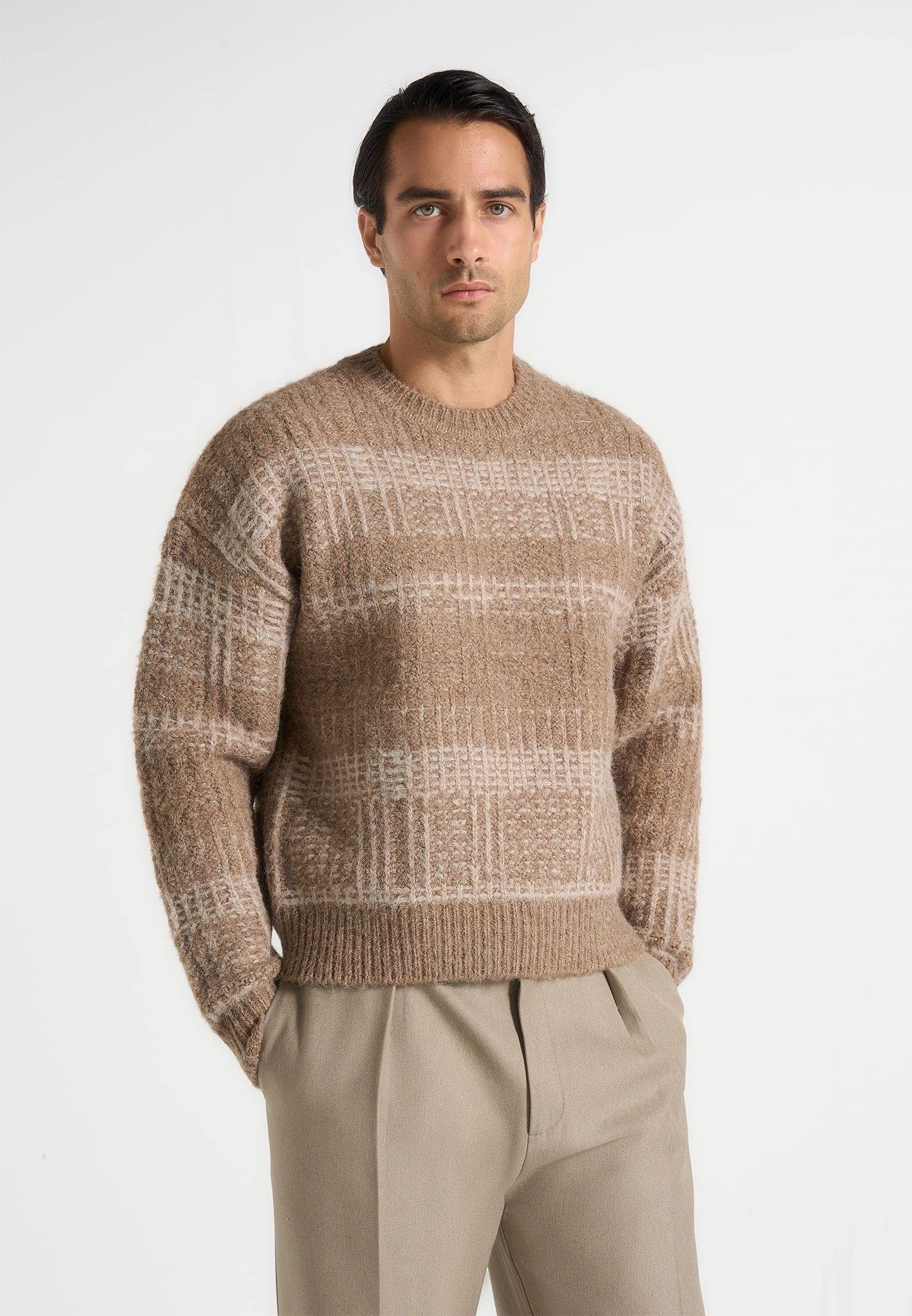 Ayden - Check Wool Knit Jumper - Taupe/Beige Odor Resistant Fabric