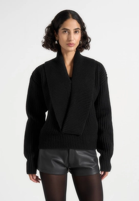 Non Chlorine Bleach Safe Textured Weave Design Azra - Plunge Knit Jumper - Black