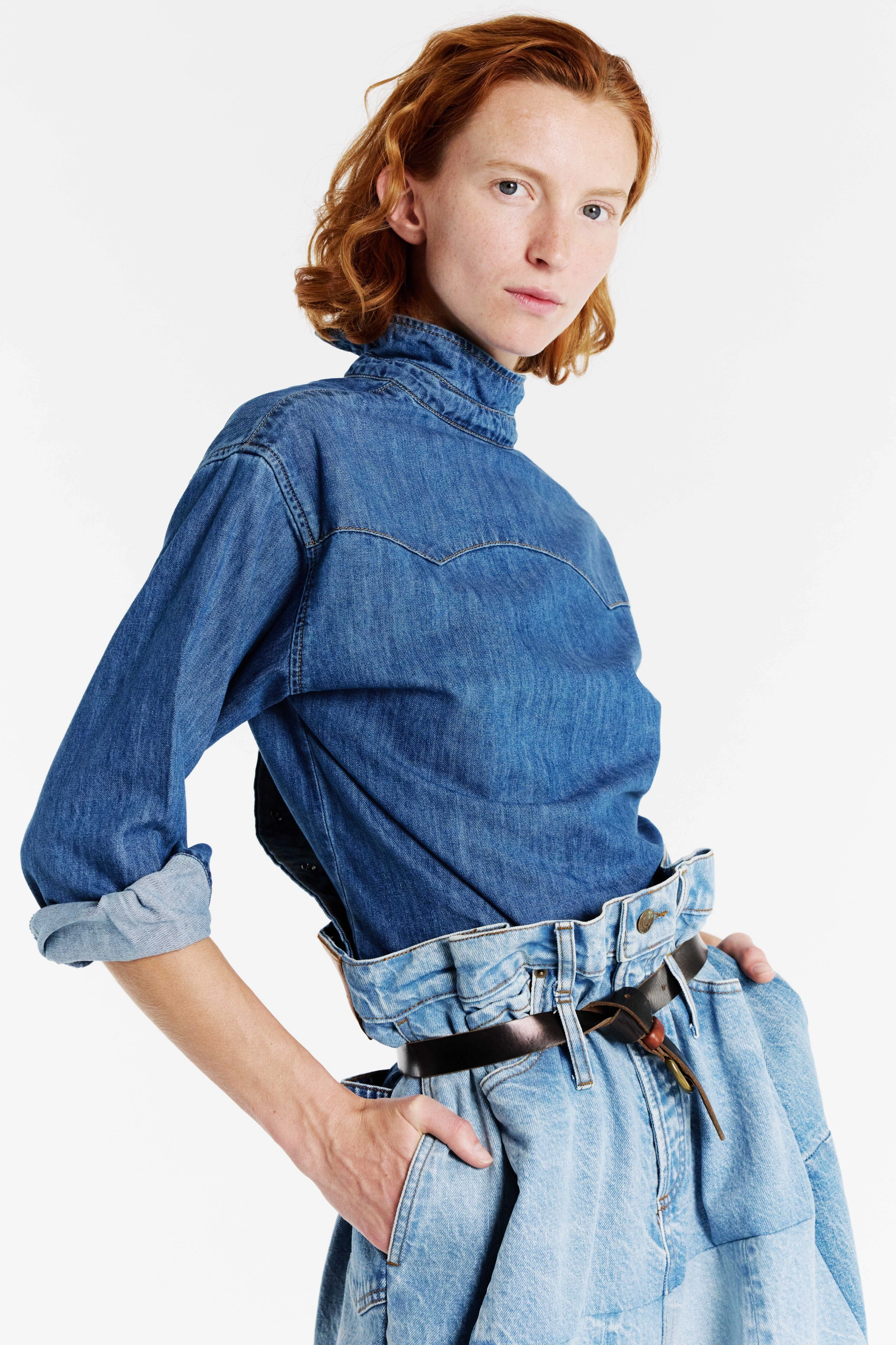 Back To Front Denim Shirt Mid Blue AntiPill Texture Compact Weave Fabric