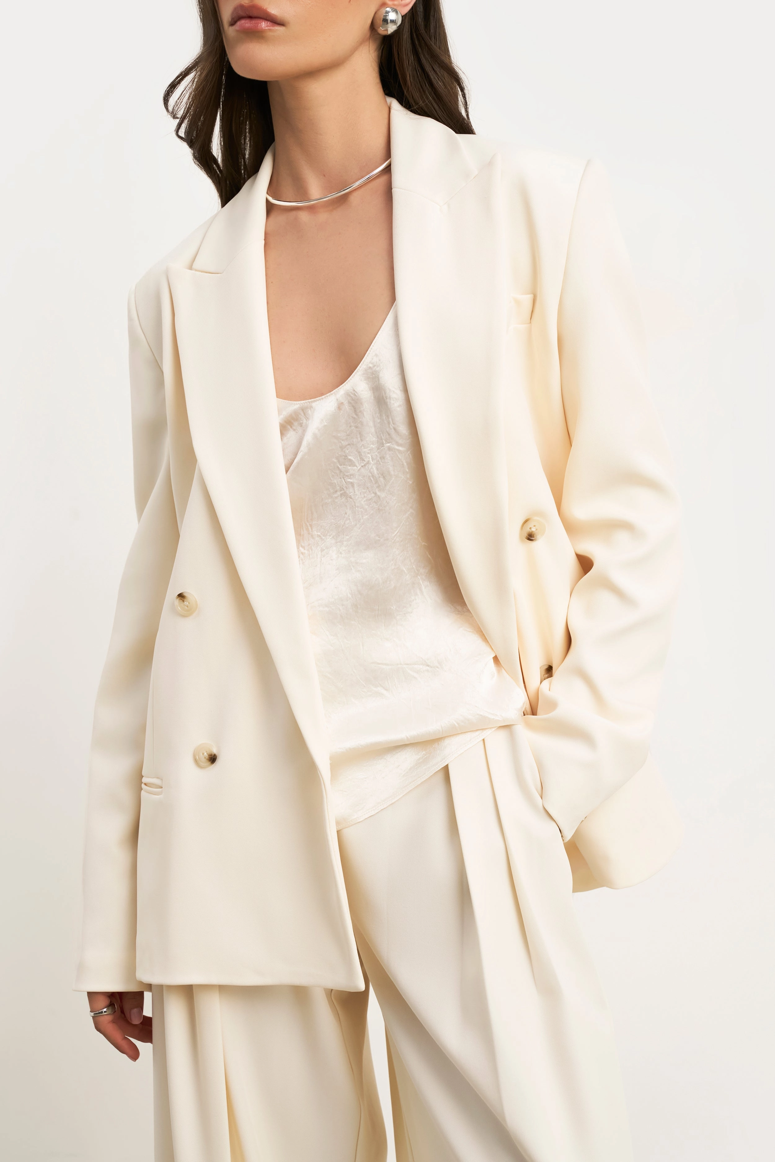 Dropped Waist Double Breasted Blazer - Cream layering