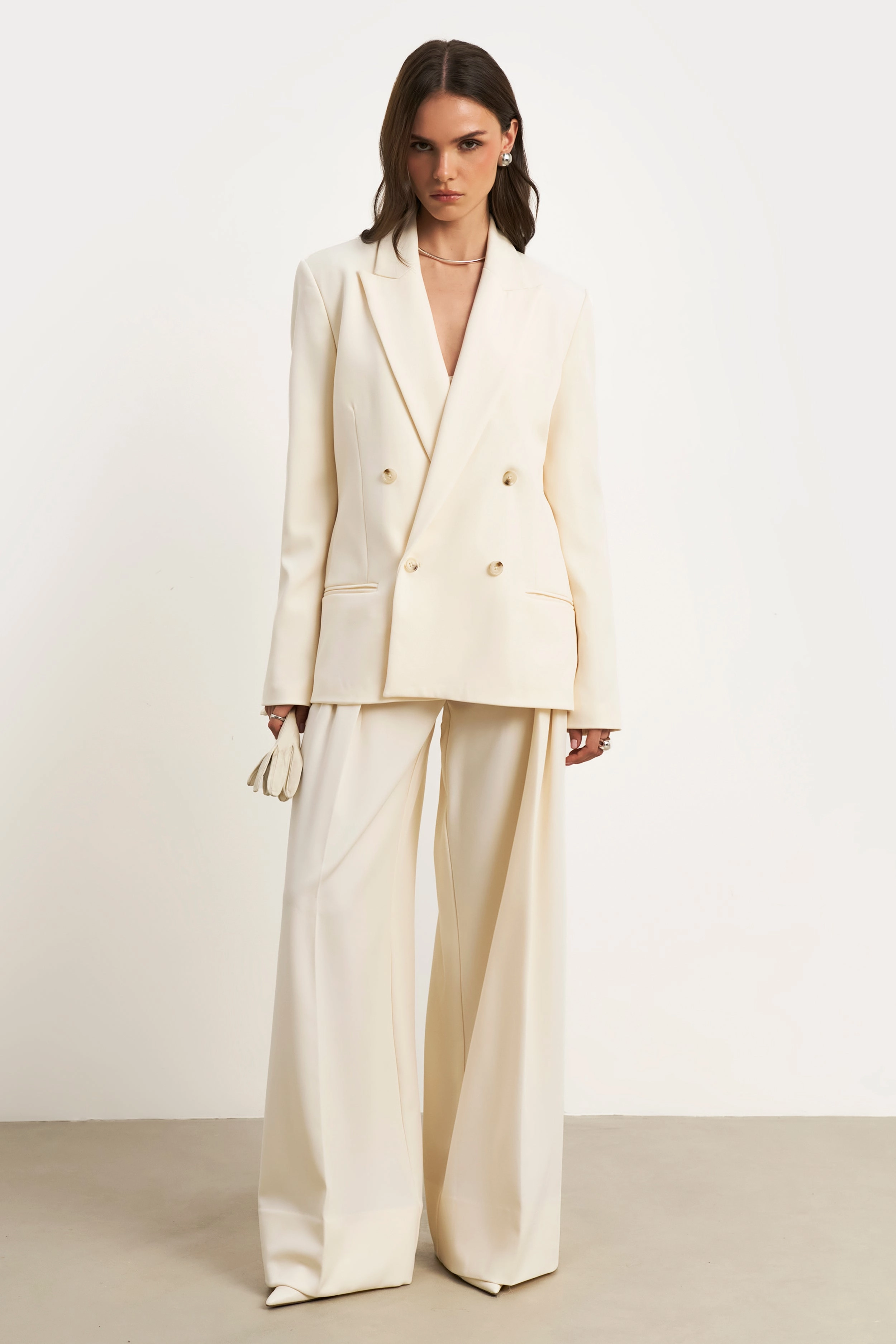 Dropped Waist Double Breasted Blazer - Cream layering Supportive structure