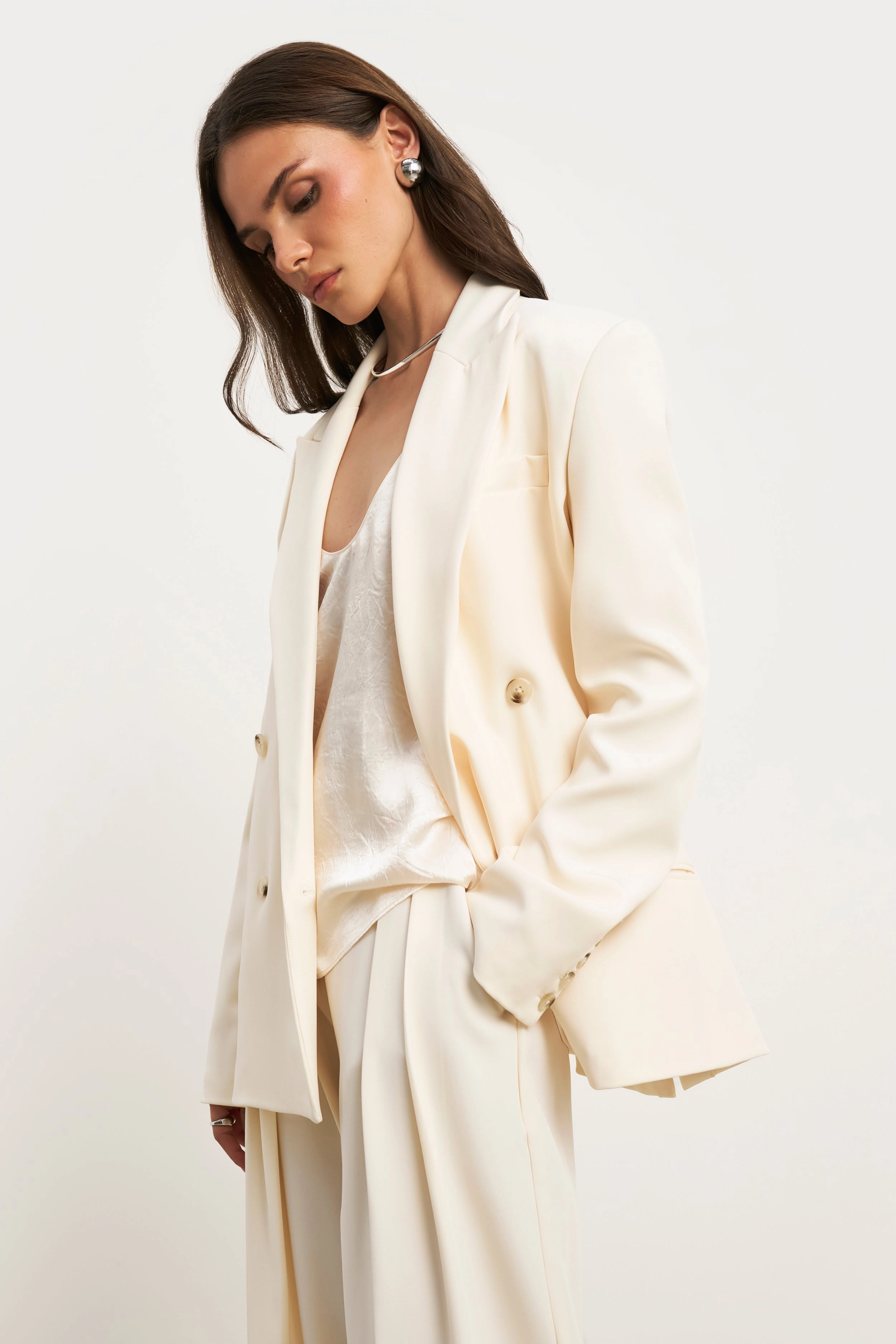 Soft Jersey Breathable Mesh Panels Dropped Waist Double Breasted Blazer - Cream