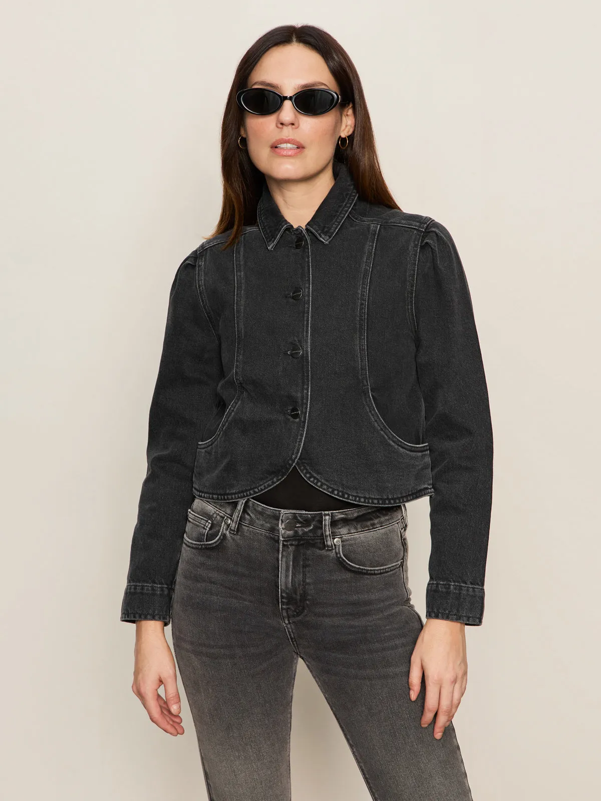 Denim Jacket Washed Black Denim Flat Lock Stitching Style Neutral