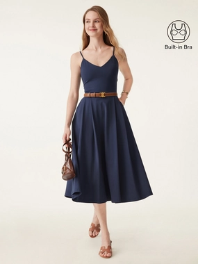 Sporty Tee Bamboo Ponte V-neck Fit-and-flare Midi Brami Sundress with Pockets