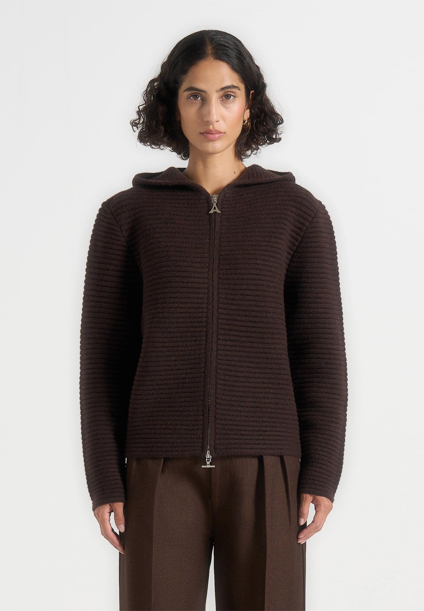 Eden - Unisex Ribbed Knit Zip Up Hoodie - Brown Seam Free Edges