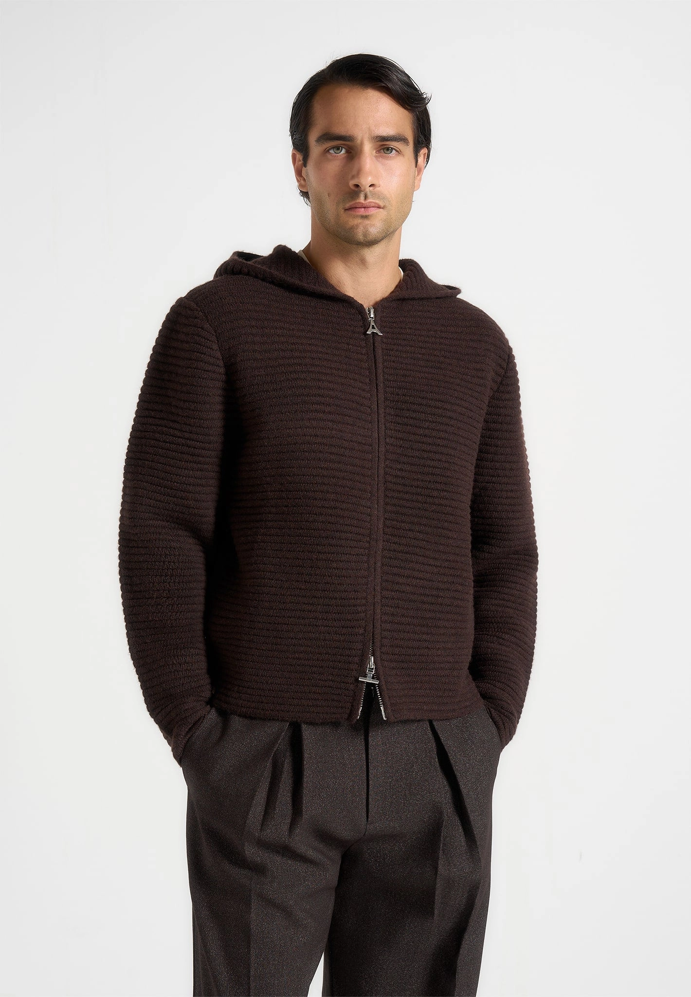 Ventilation Panel Odor control Eden - Unisex Ribbed Knit Zip Up Hoodie - Brown