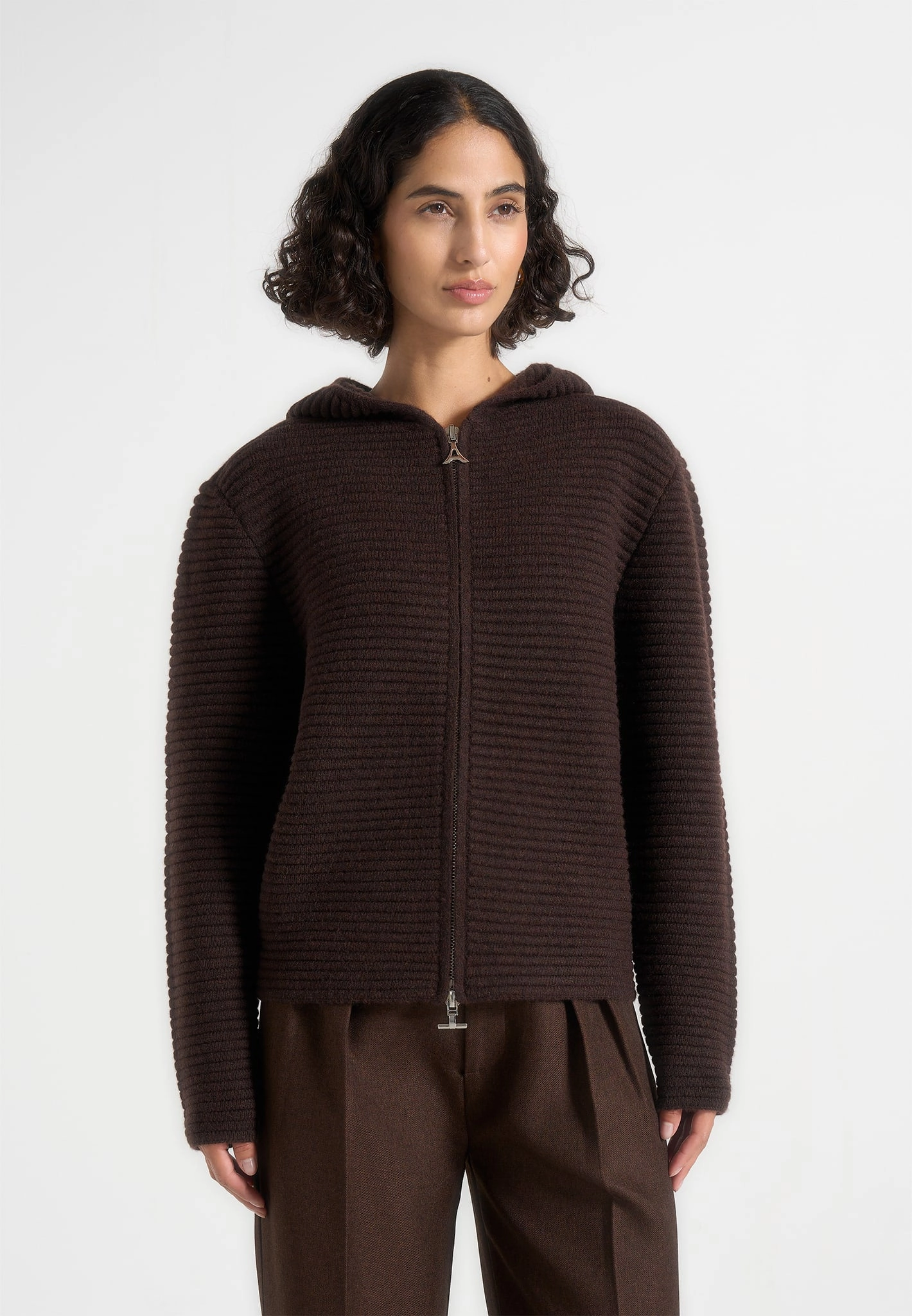 Simple Layer Brushed Inner Eden - Unisex Ribbed Knit Zip Up Hoodie - Brown