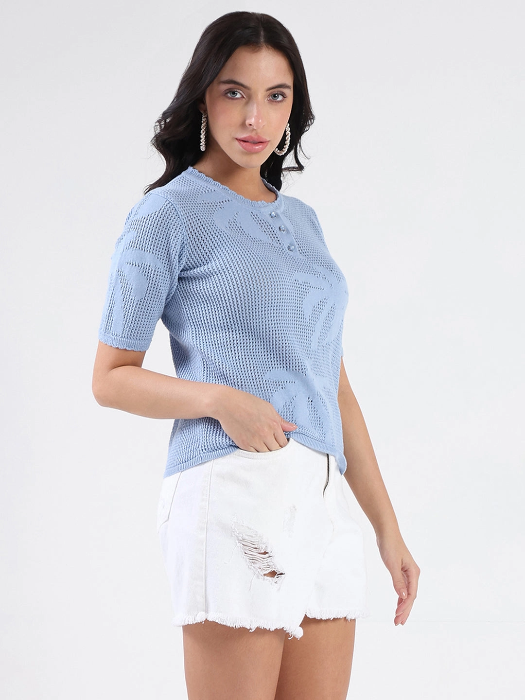 Comfy Cardigan FlexFoamInserts Madame Semi Sheer Botanical Pattern Sky Blue Knit Top