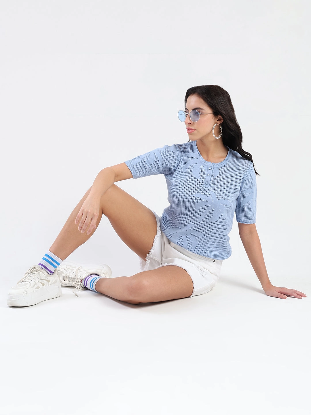 Madame Semi Sheer Botanical Pattern Sky Blue Knit Top VentilatedBackPanel HighStretchElastic