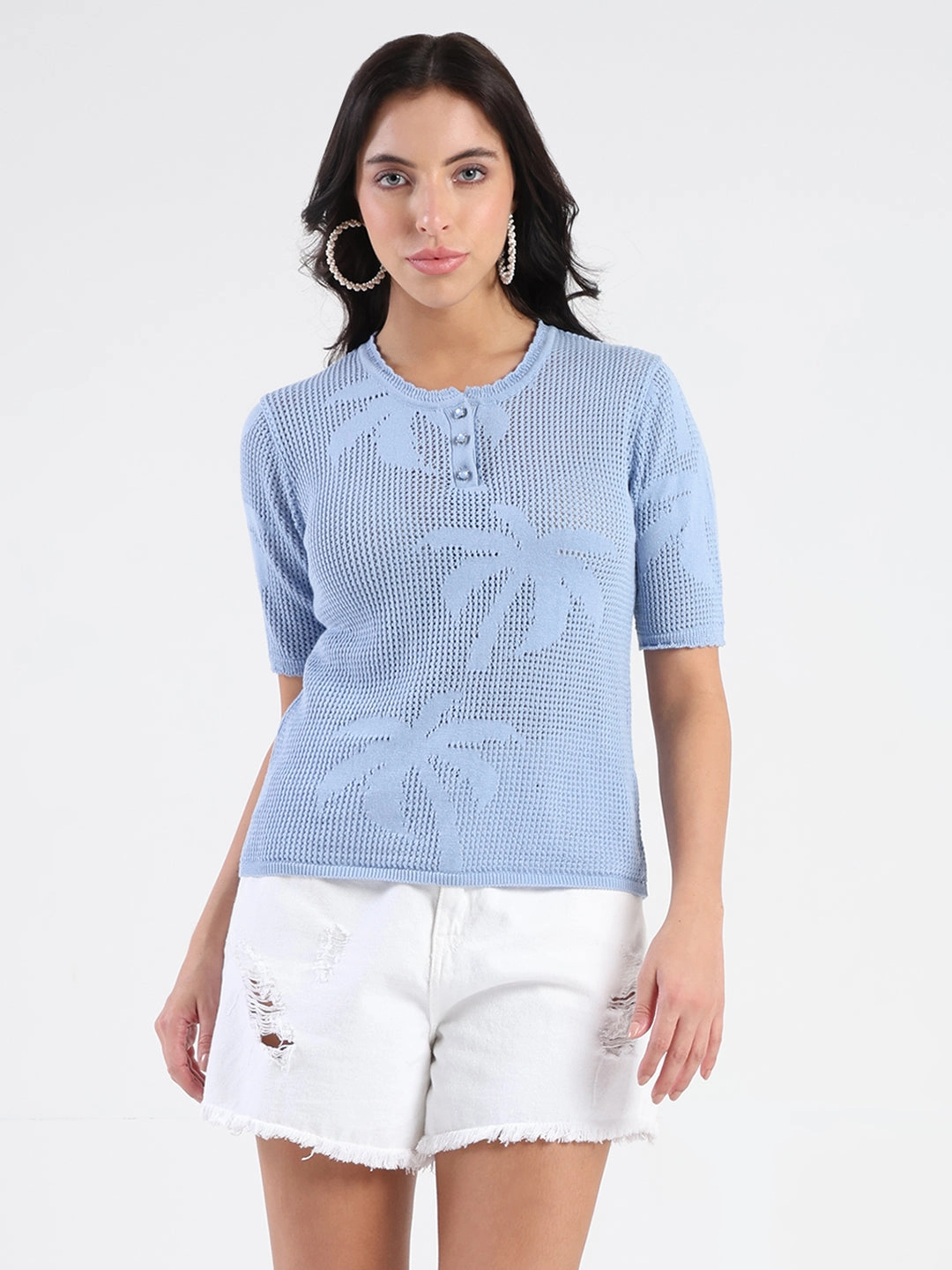 Raw Edge Detail Madame Semi Sheer Botanical Pattern Sky Blue Knit Top