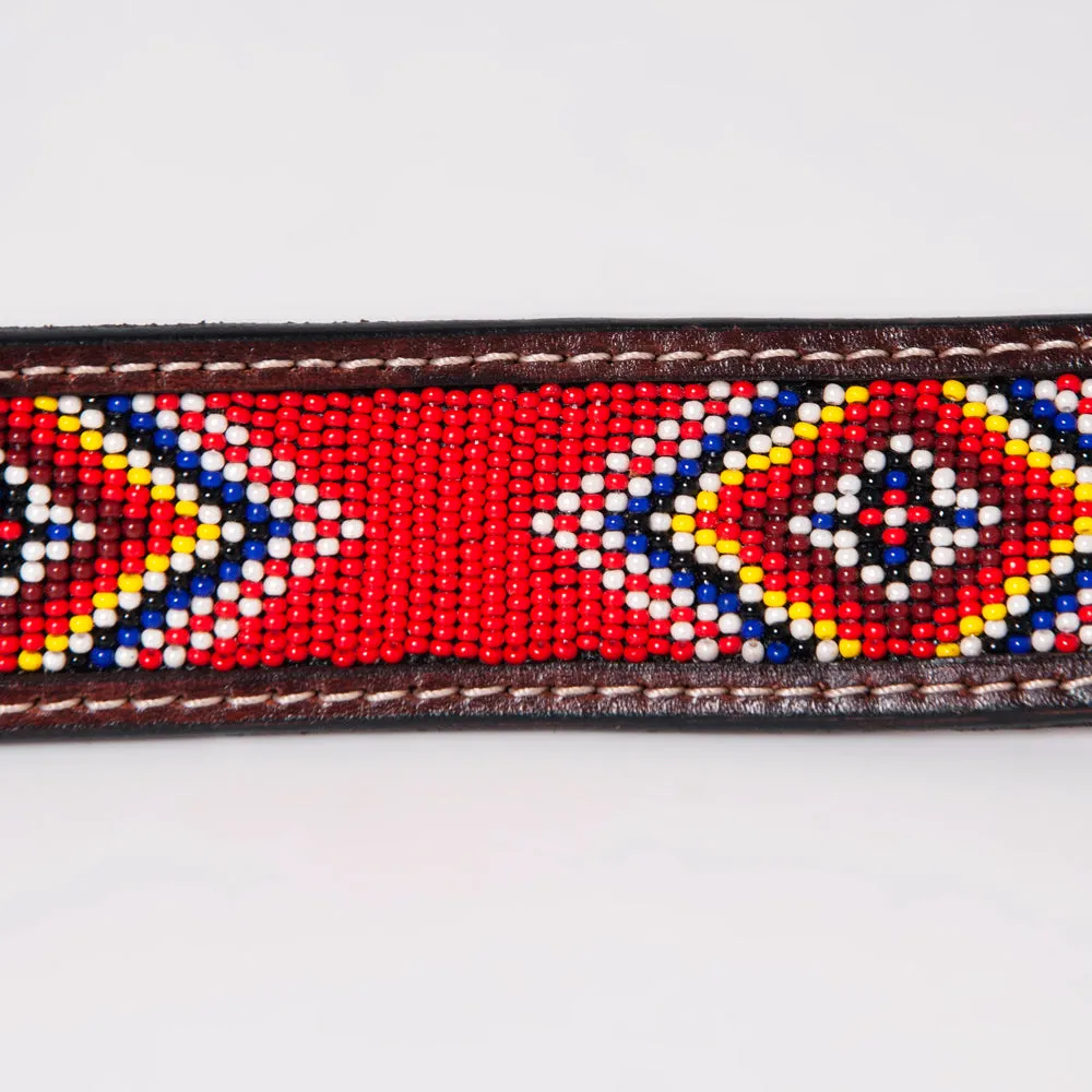BAR H EQUINE Red Beaded Black Crystal Hand Carved Western Leather Belt Antique Brown