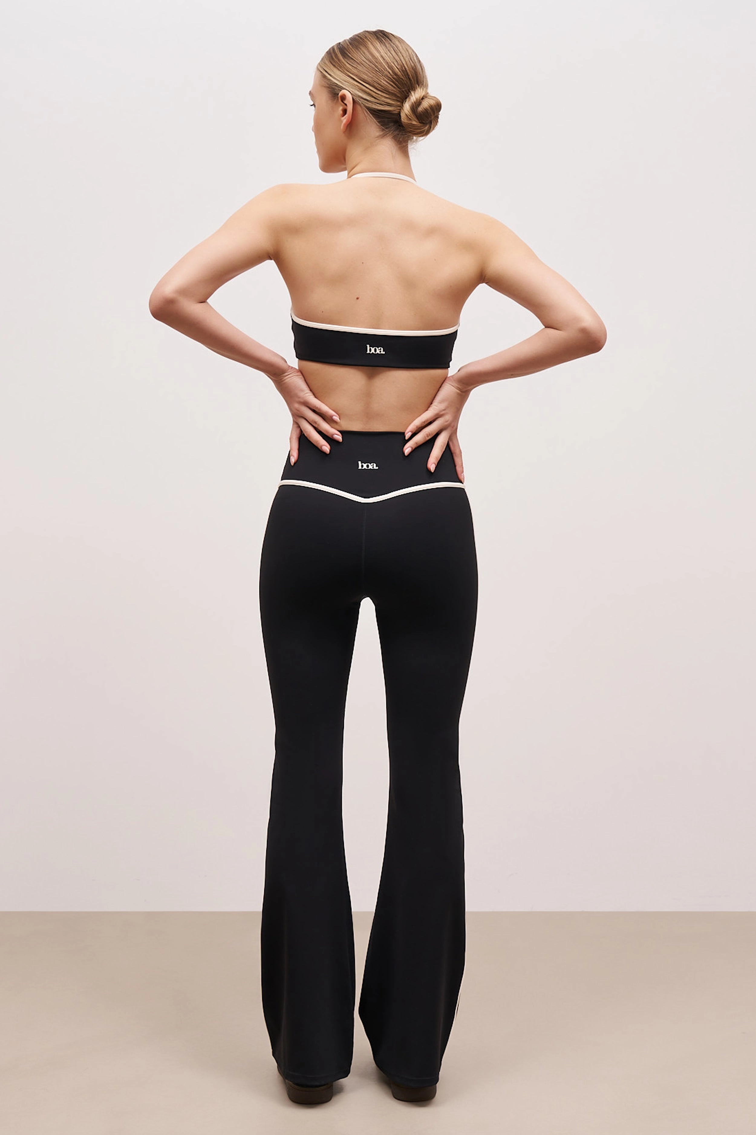 Base Contrast Trim Flared Leggings - Black/Tofu FourWay Stretch Fabric Ribbed Collar Design