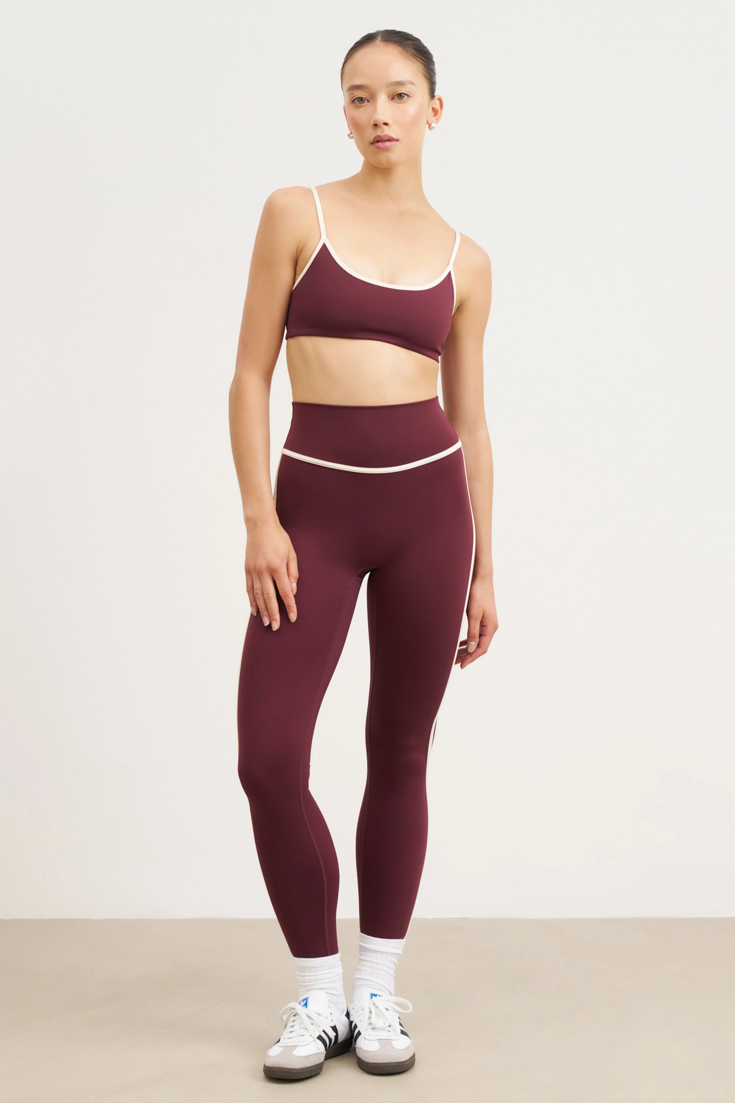 Elasticated Hem Base Contrast Trim Leggings - Merlot/Tofu