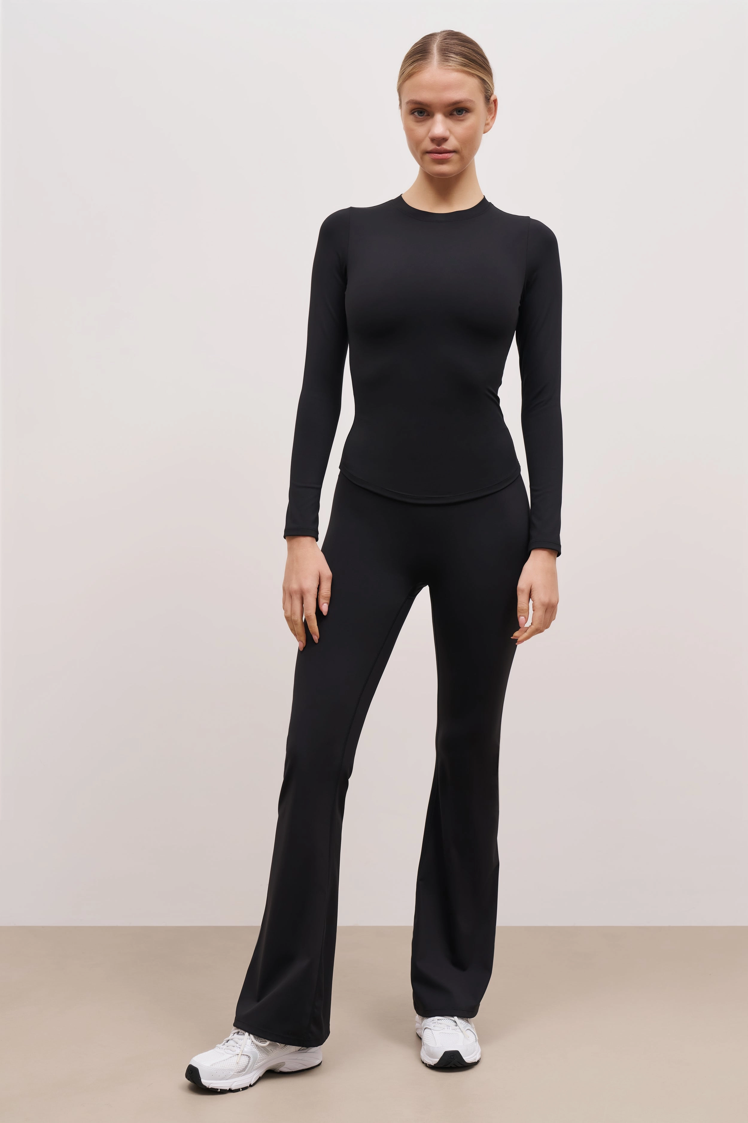 Circular Knit Comfort Cushion Neckline Base Sculpting Long Sleeve Top - Black