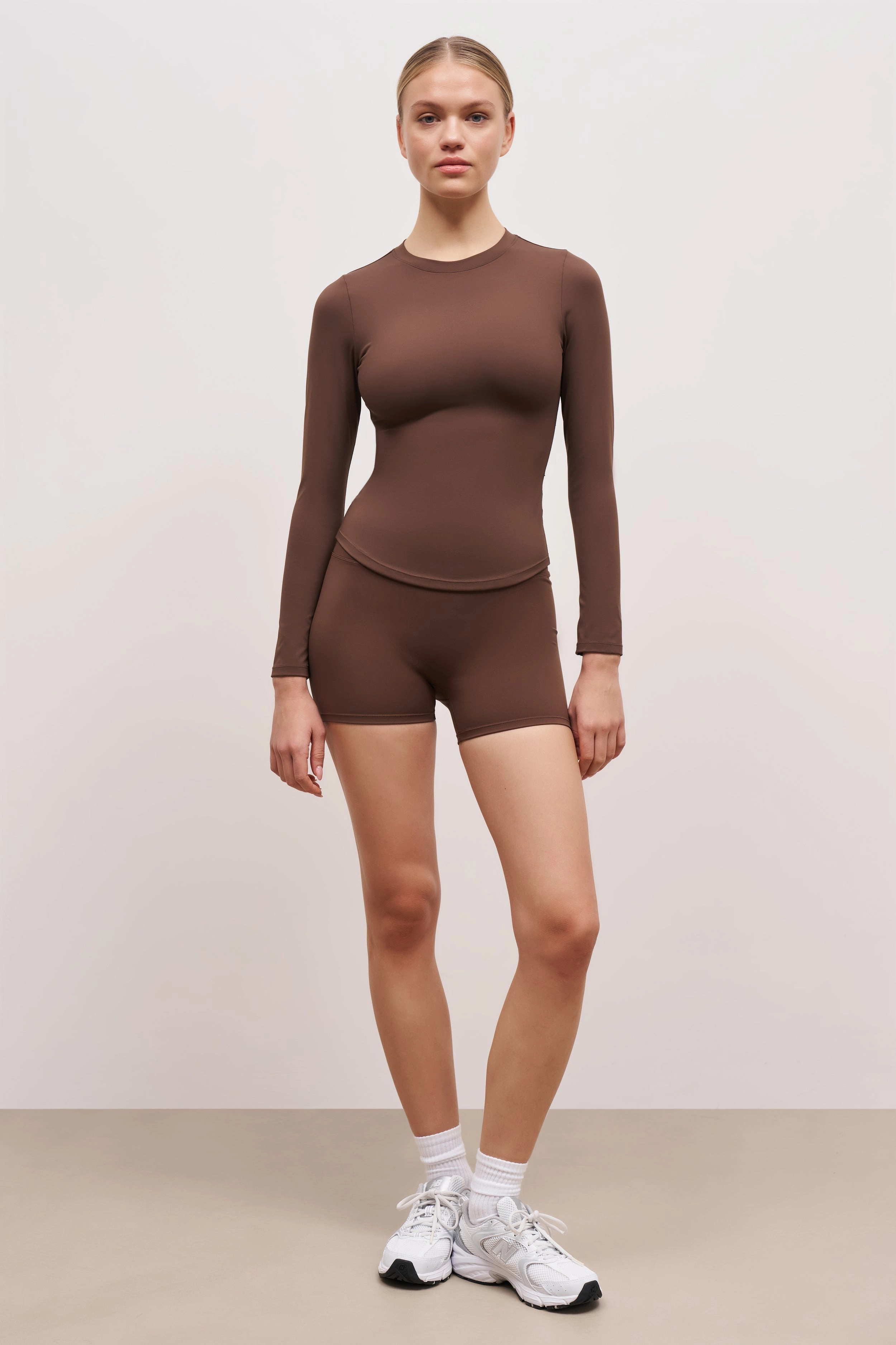 Anti Static Cloth Blend Base Sculpting Long Sleeve Top - Truffle