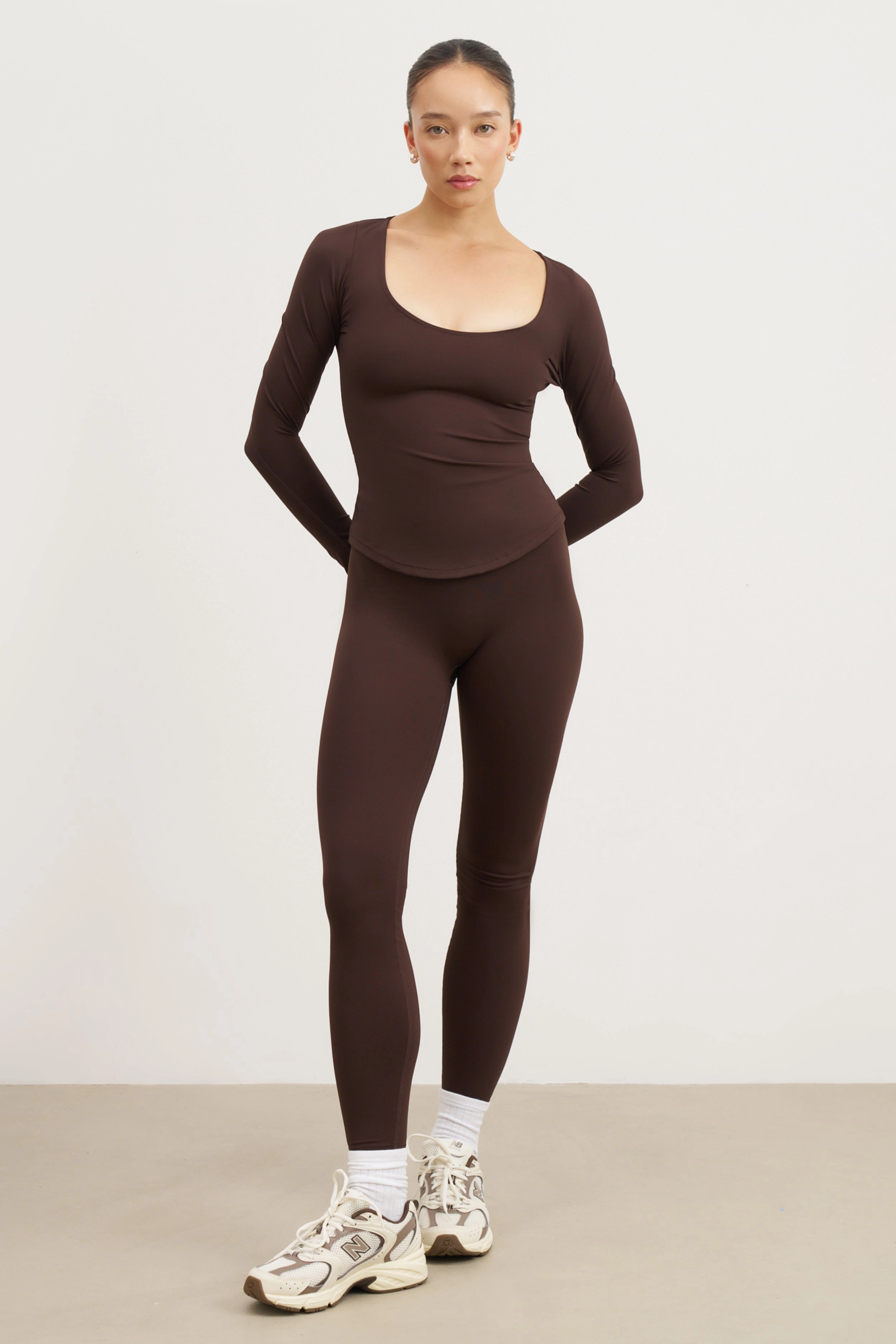 Base Sculpting Scoop Neck Long Sleeve Top - Carob Microfiber Blended Fabric TaglessCollars