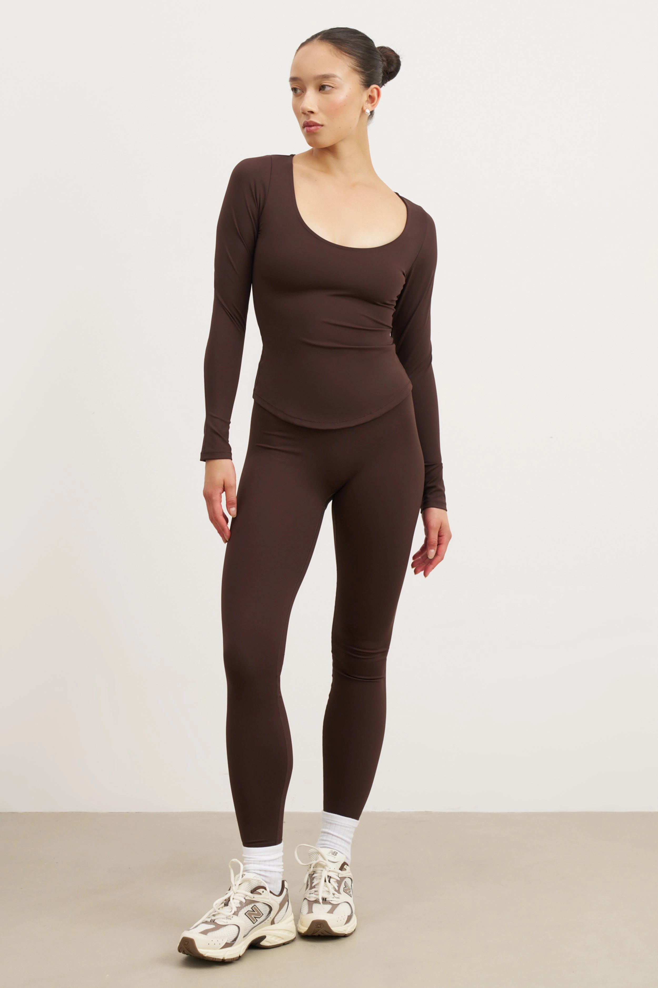 Base Sculpting Scoop Neck Long Sleeve Top - Carob Snag Proof Weave Four Way Stretch Material