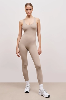 Brushed Microfiber Surface Reinforced Elbow Patches Base Sculpting Tank Unitard - Taupe