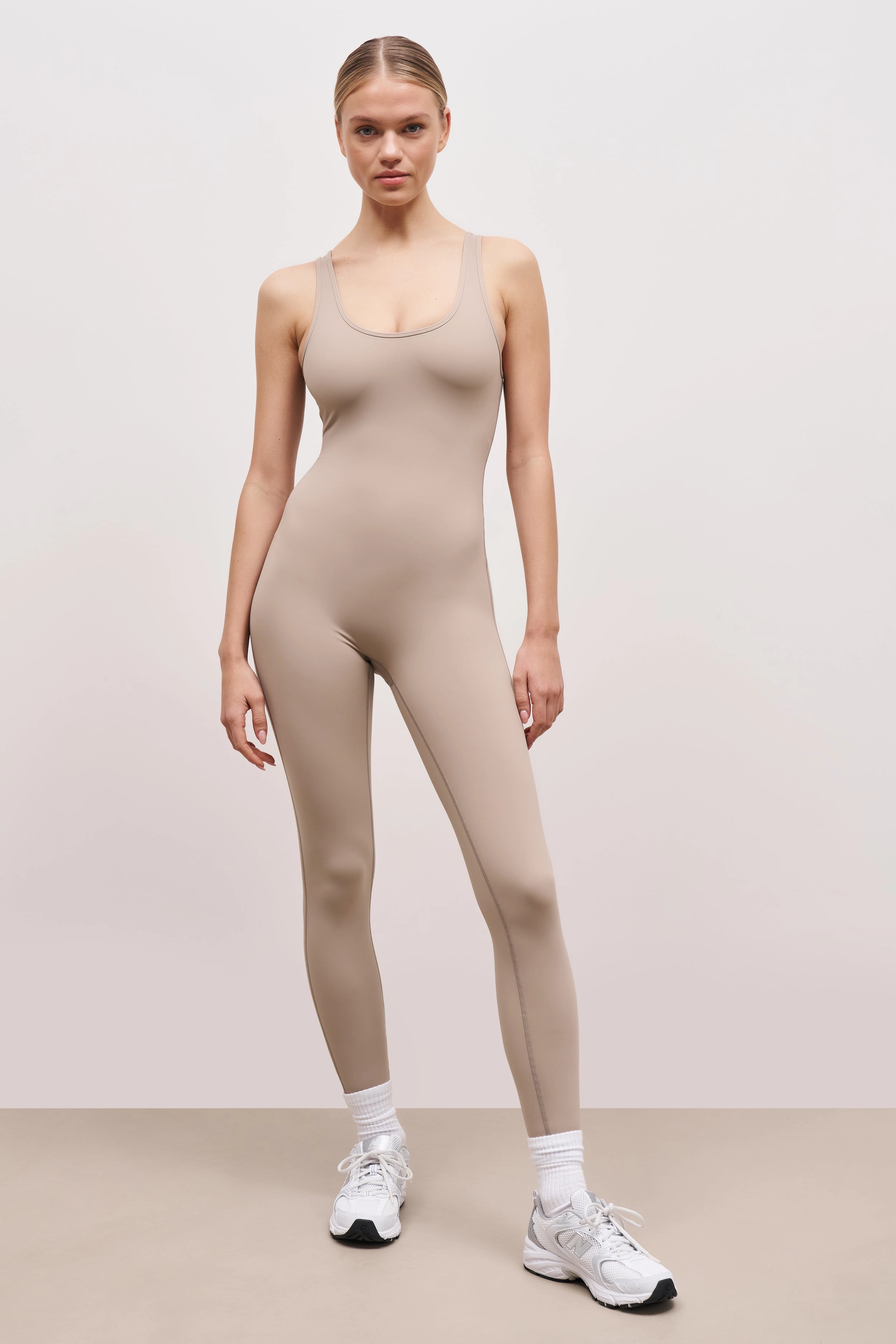 Brushed Microfiber Surface Reinforced Elbow Patches Base Sculpting Tank Unitard - Taupe