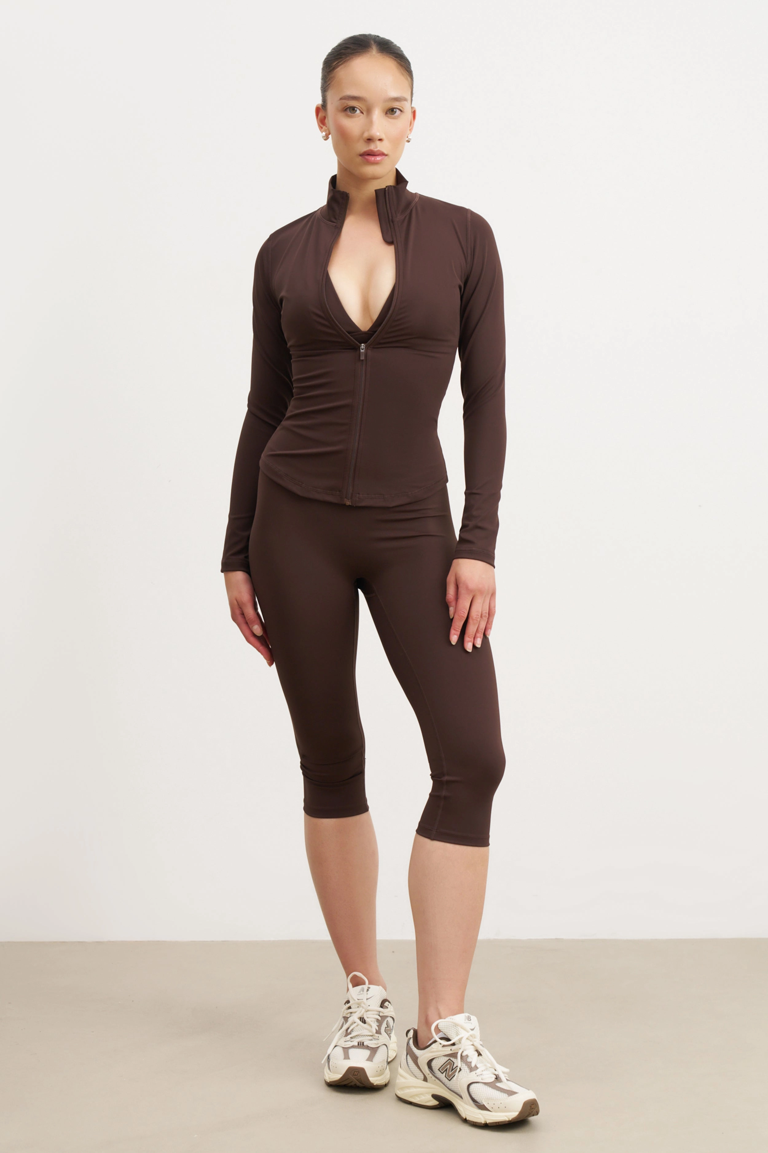 Base Sculpting Zip Up Jacket - Carob Double Stitched Hem
