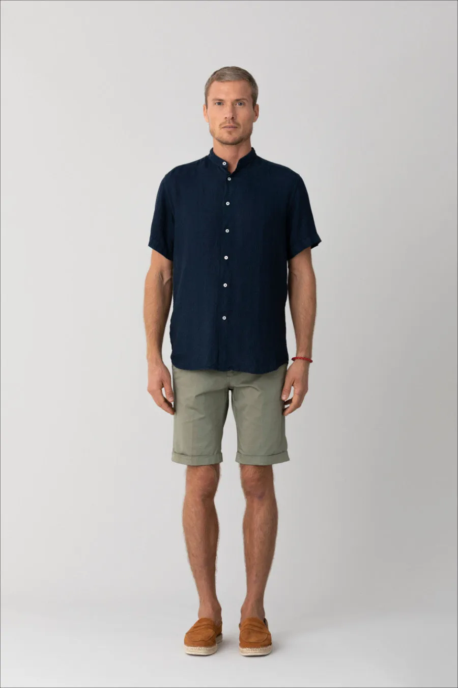 basic linen shirt mao collar navy