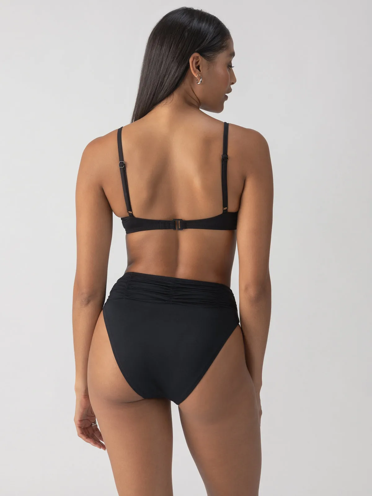 Beach Goddess Excess Shirr Waist Bikini Bottom Black AthleisureCompatible Low Profile Stitching