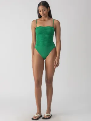 Beach Goddess Shirred Banded Mio One-Piece Perky Palm BondedHemline BreathableMeshInsert